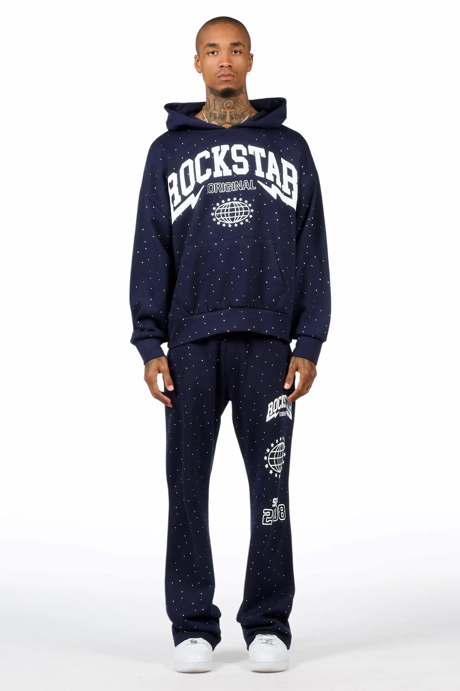 Stori Navy/White Rhinestone Hoodie Relaxed Track Set