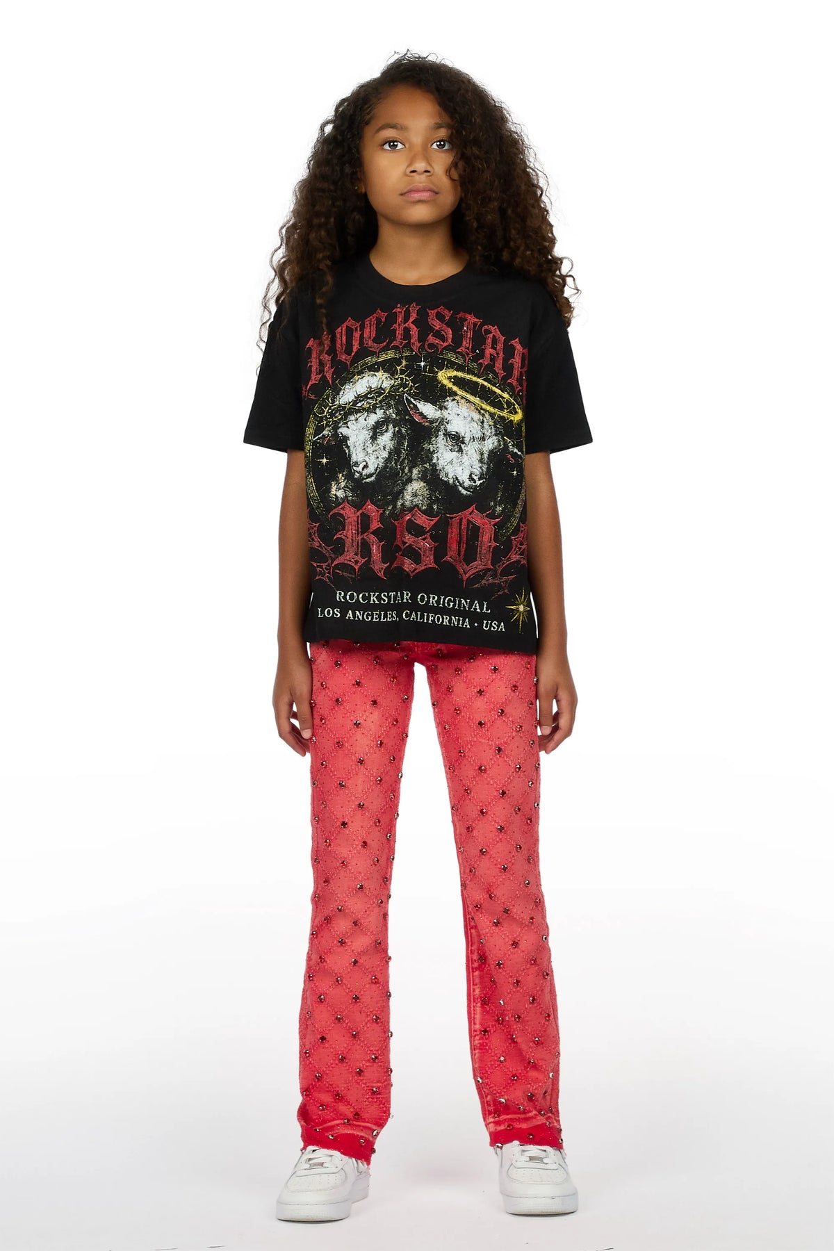Girls Dezz Black/Red T-Shirt Rhinestone Jean Set