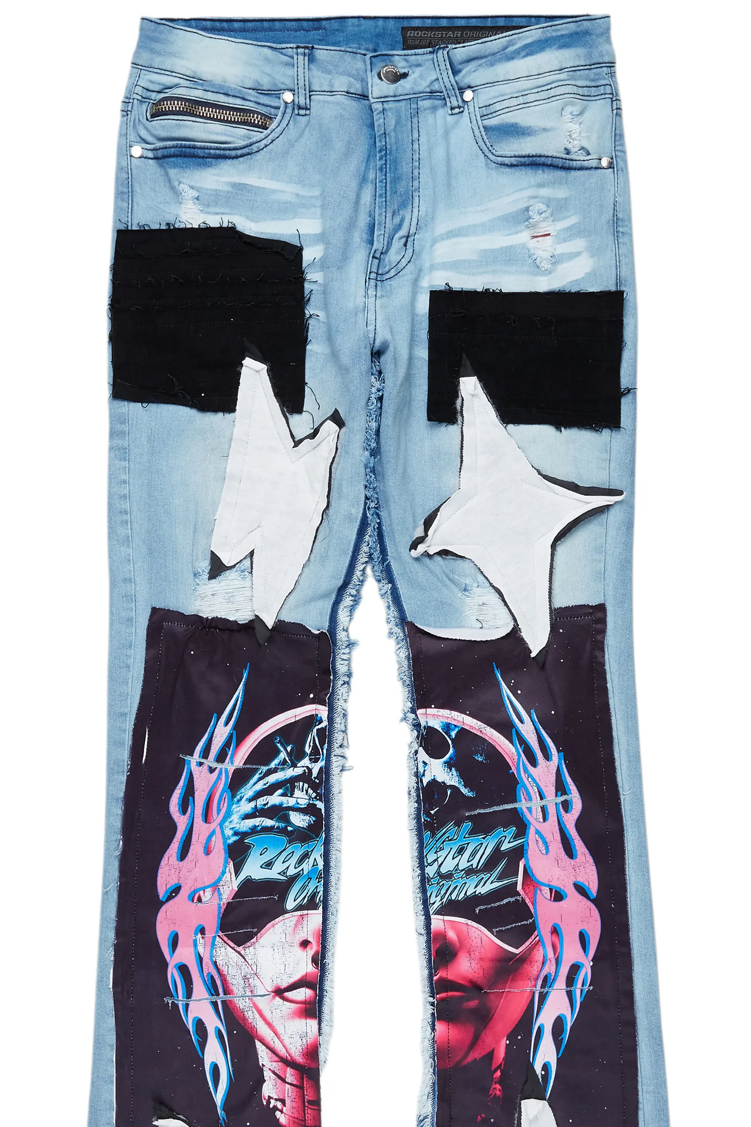 Helios Blue Patchwork Stacked Flare Jean