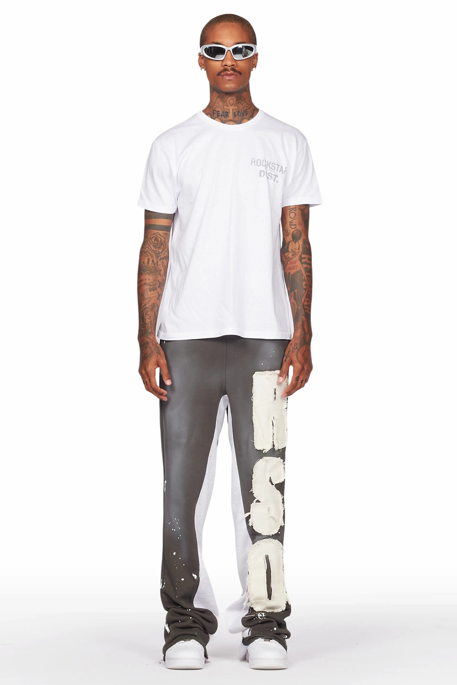 Acotas Olive Patchwork Stacked Baggy Flare Pants