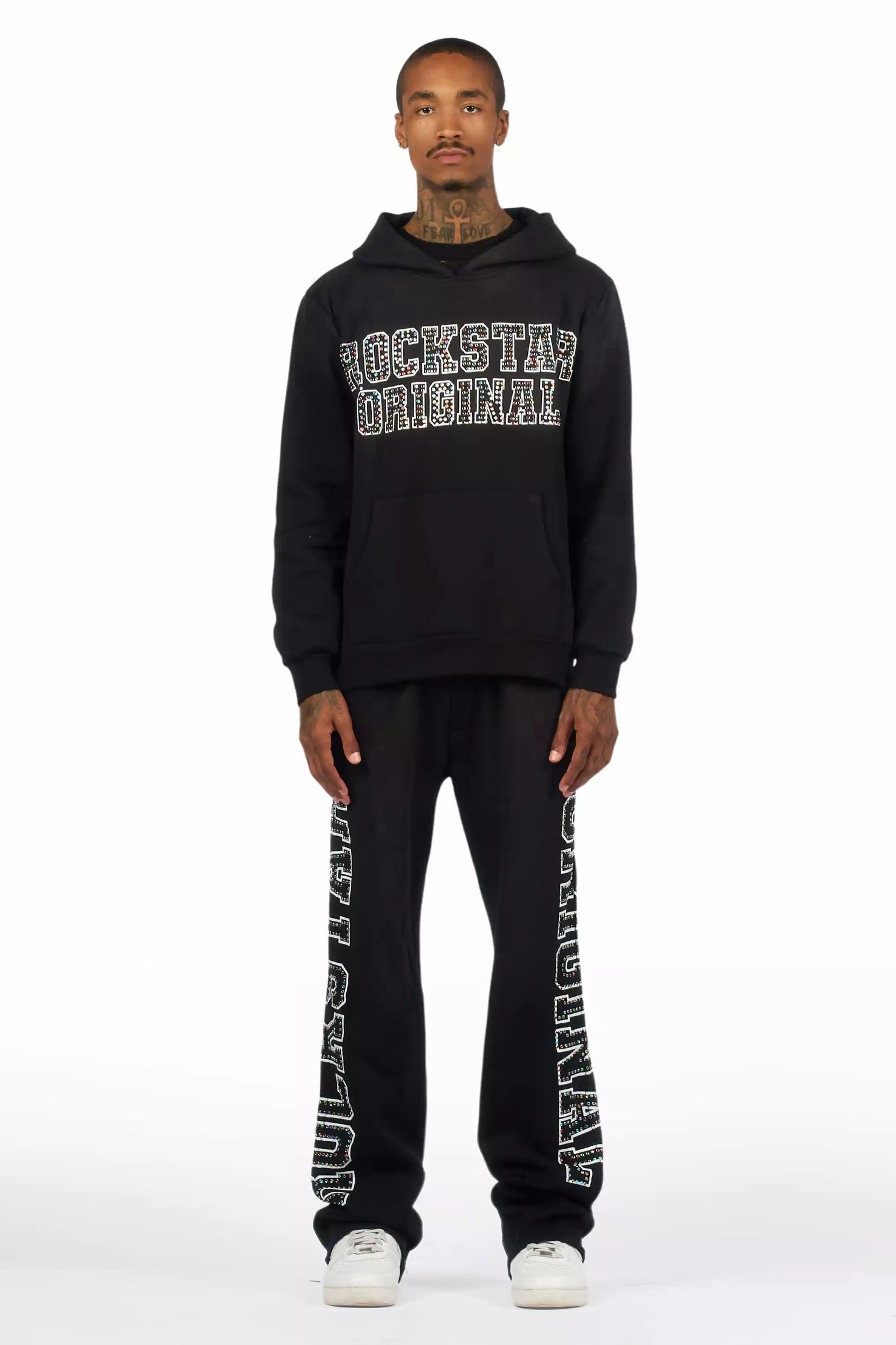 Ustin Black Rhinestone Hoodie Relaxed Track Set