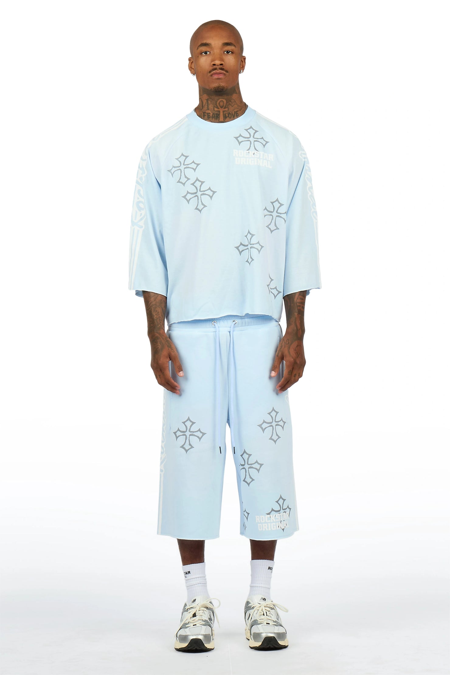Osso Sky Blue 3/4 Sleeve T-Shirt Double Waisted Jort Set