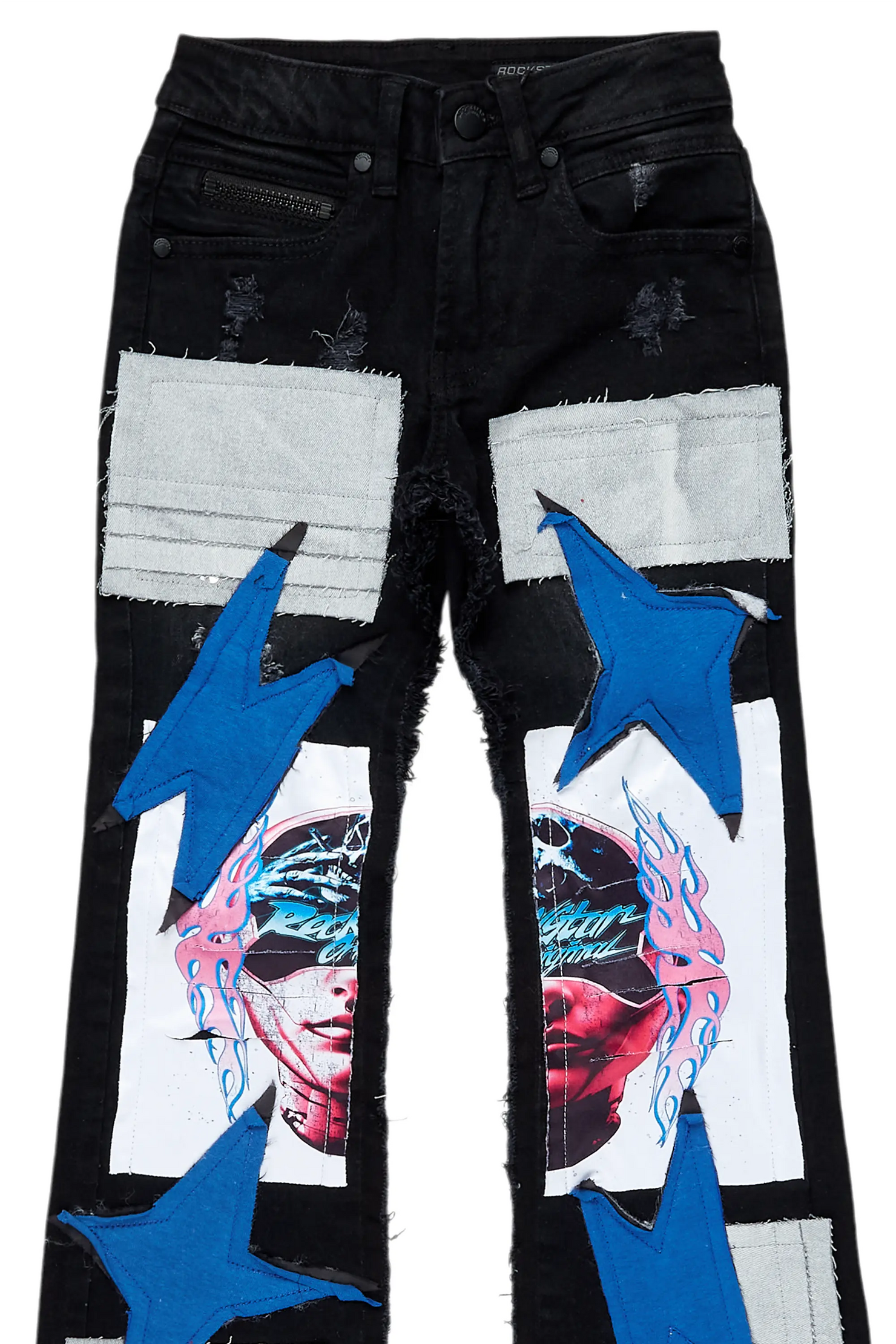 Boys Helios Dark Grey Patchwork Stacked Flare Jean