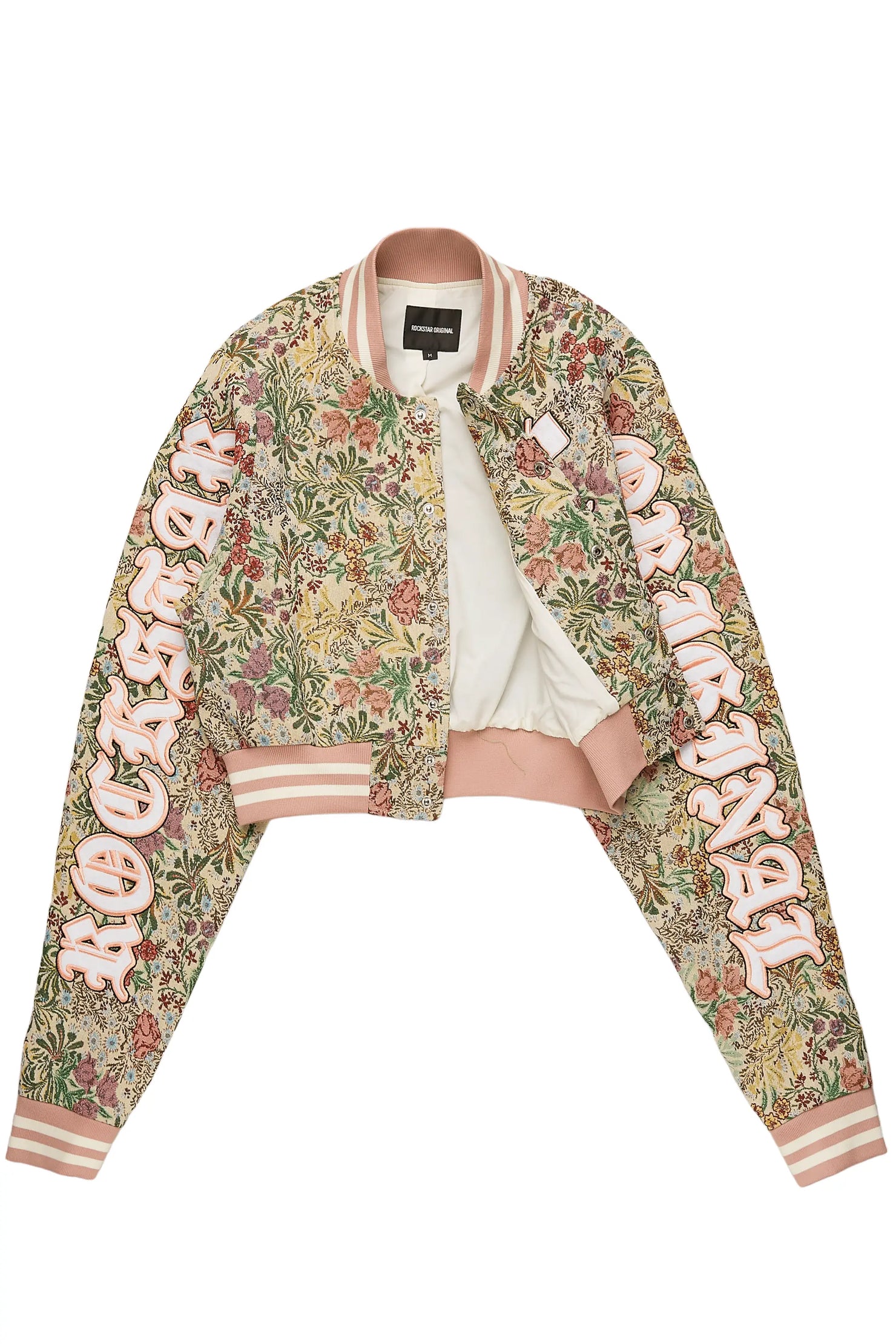 Tamia Beige Crop Tapestry Varsity Jacket