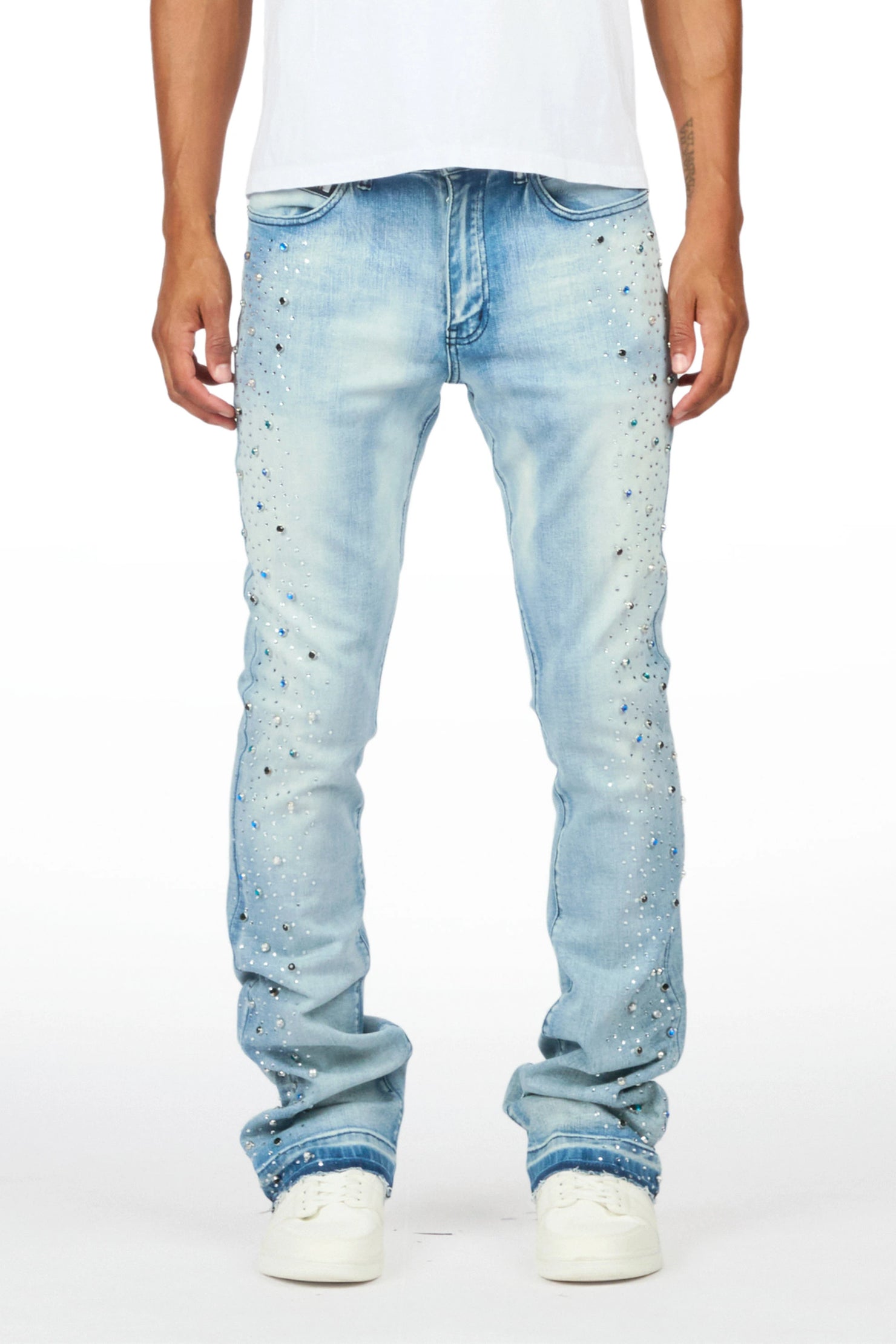 Monty Light Blue Rhinestone Studded Stacked Flare Jean