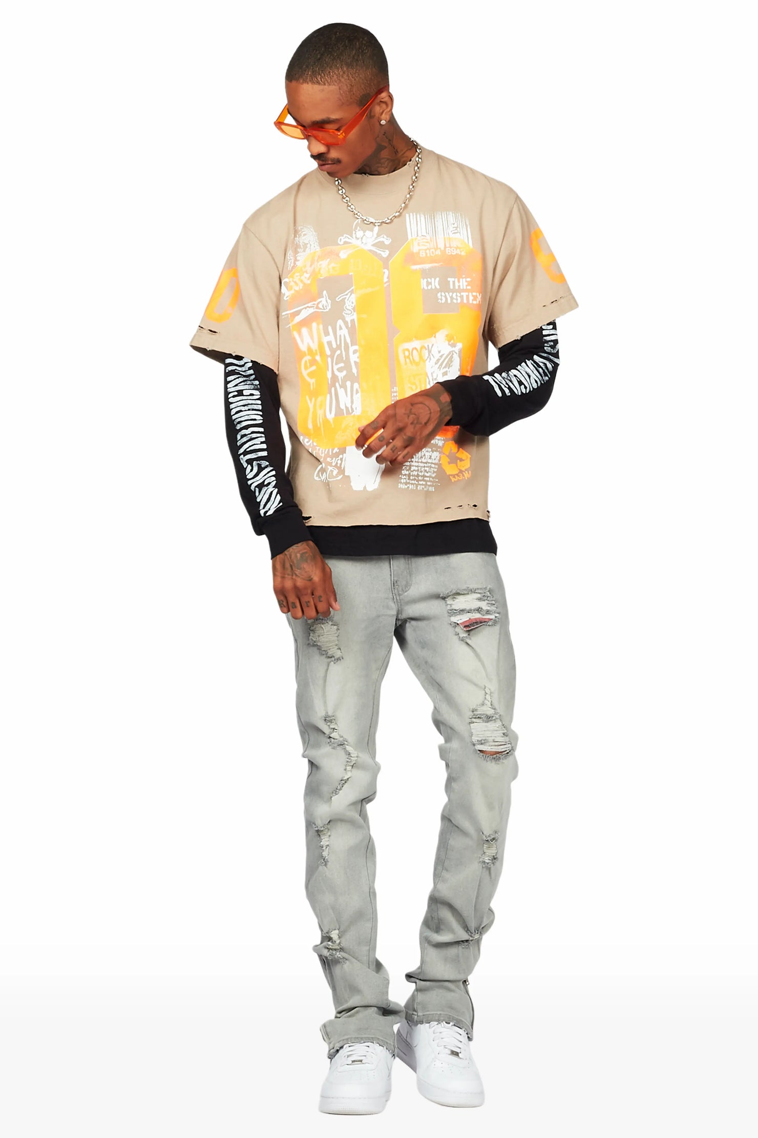 Ezio Light Grey Stacked Flare Jean