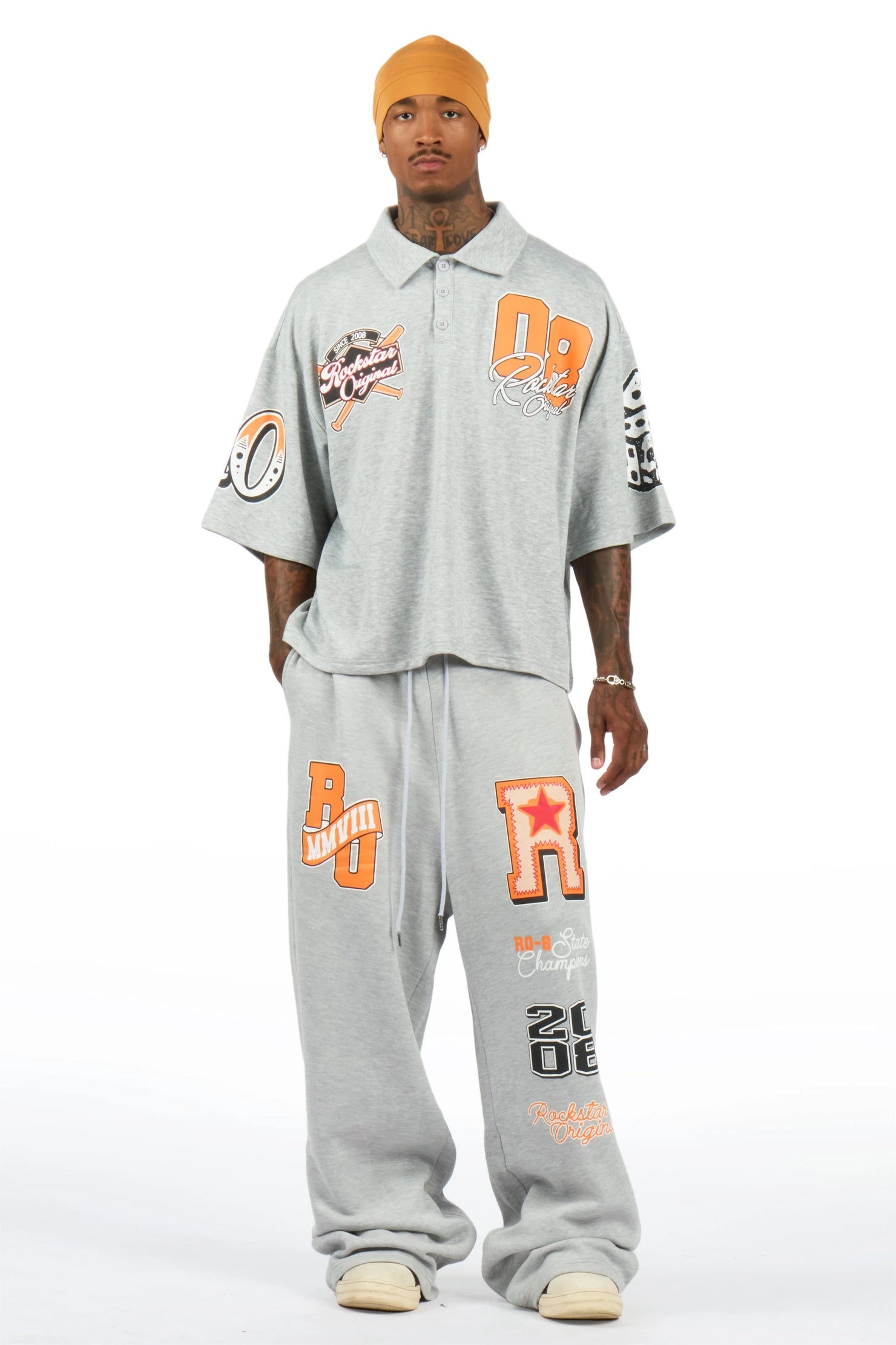 Forbidden Heather Grey Crop Boxy Polo/Fleece Baggy Track Set