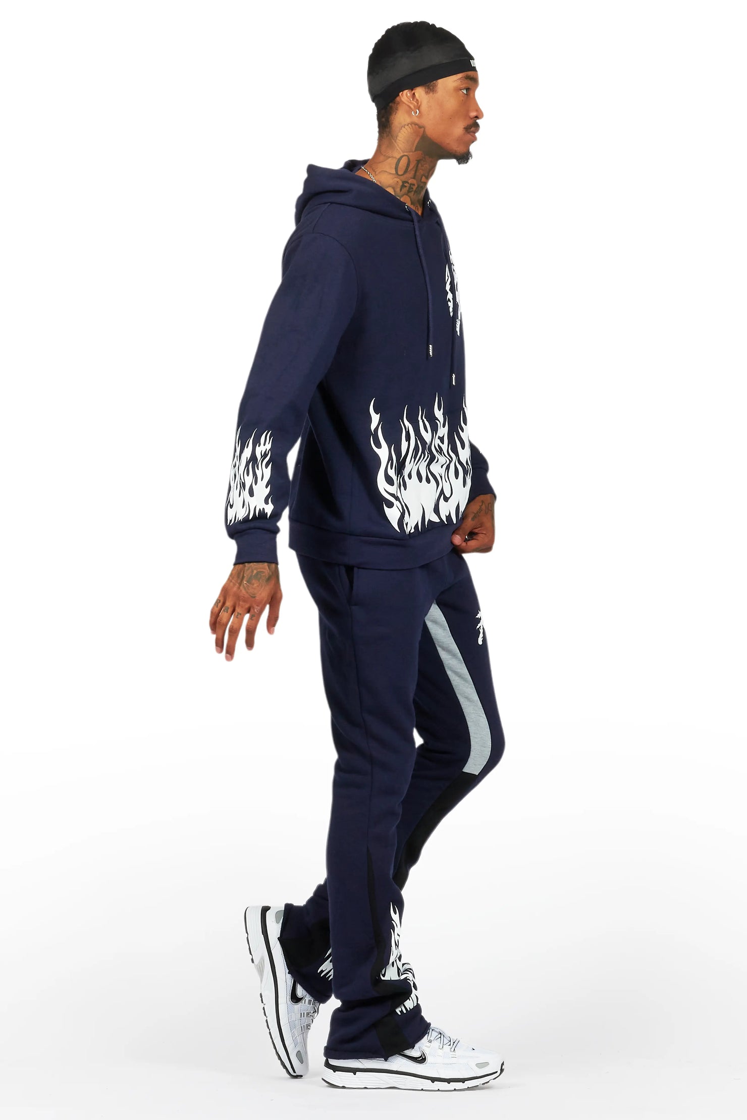 Bubble Navy Stacked Flare Hoodie Track Set