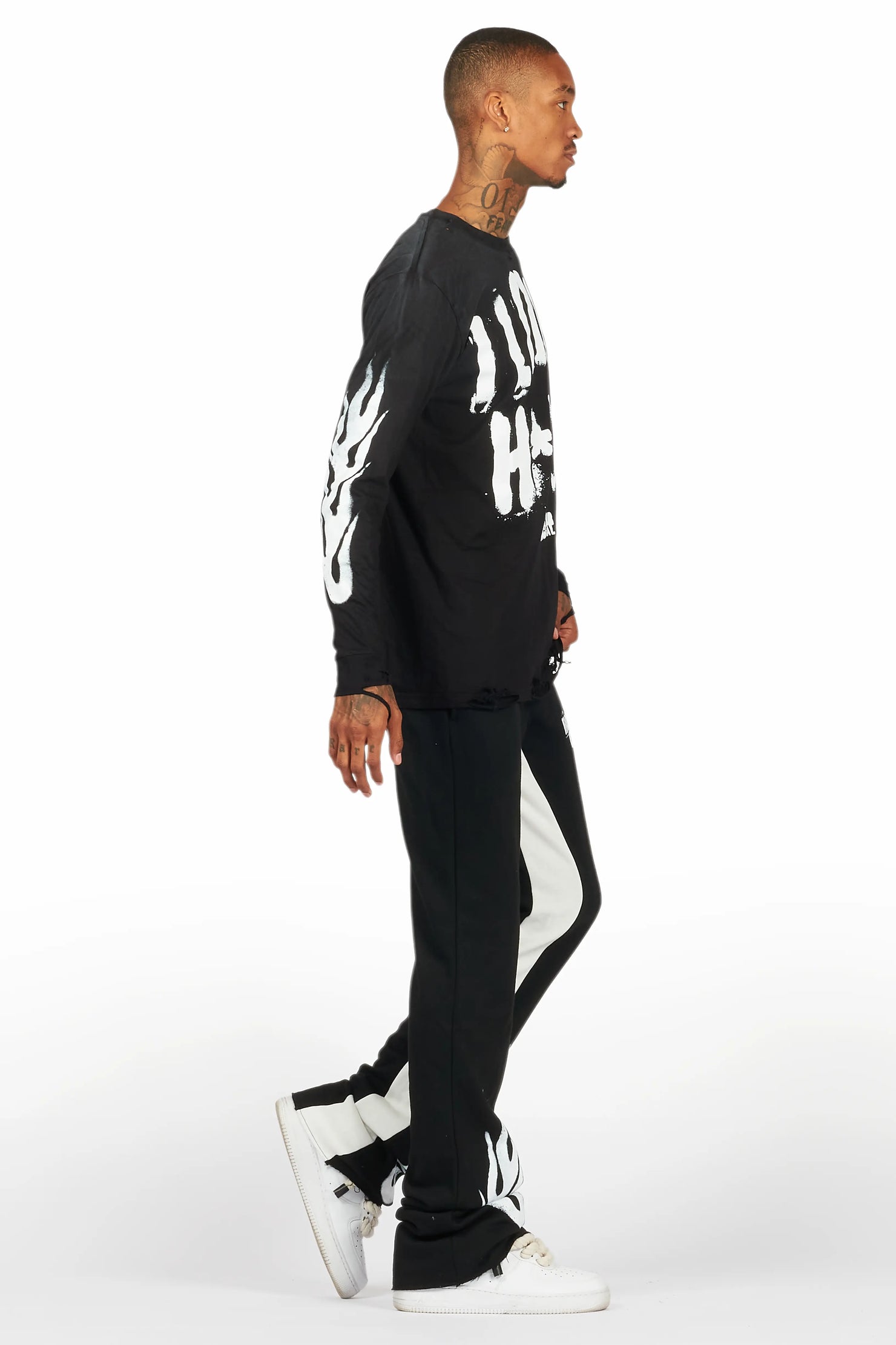Banyan Black/White Long Sleeve T-Shirt/Stacked Baggy Track Pant Set