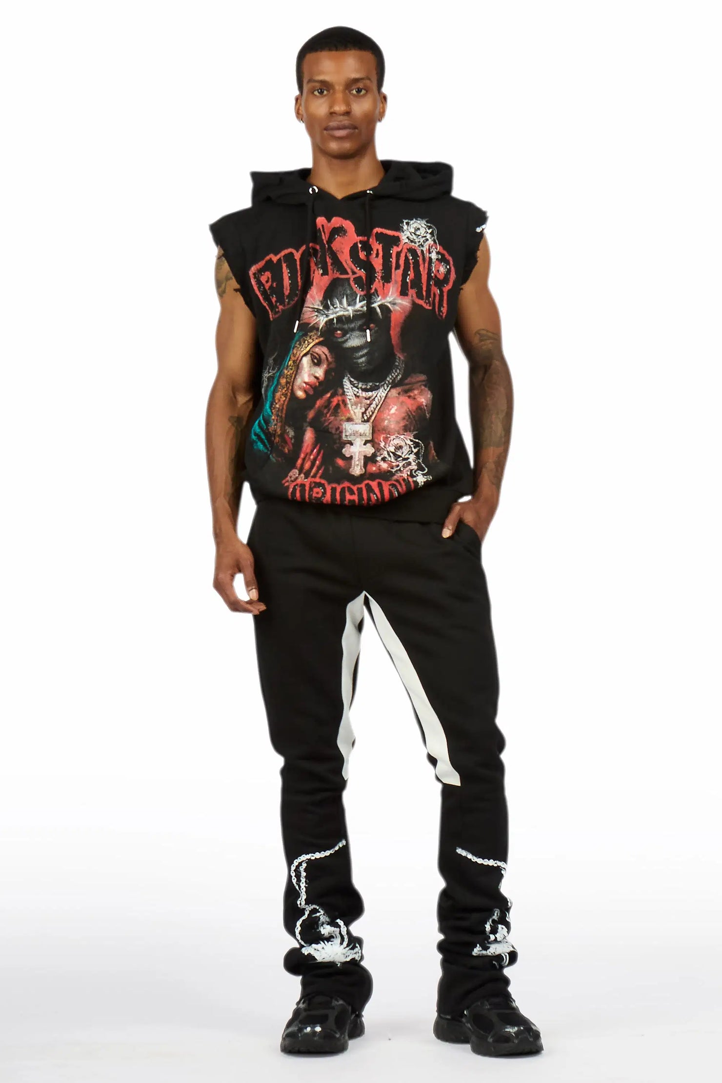 Vontae Black/Red Cut Sleeve Hoodie/Stacked Flare Track Set