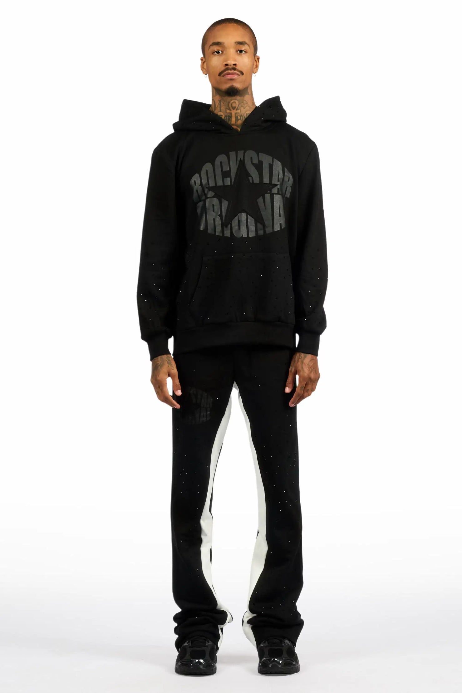 States Black Rhinestone Hoodie Stacked Flare Track Set