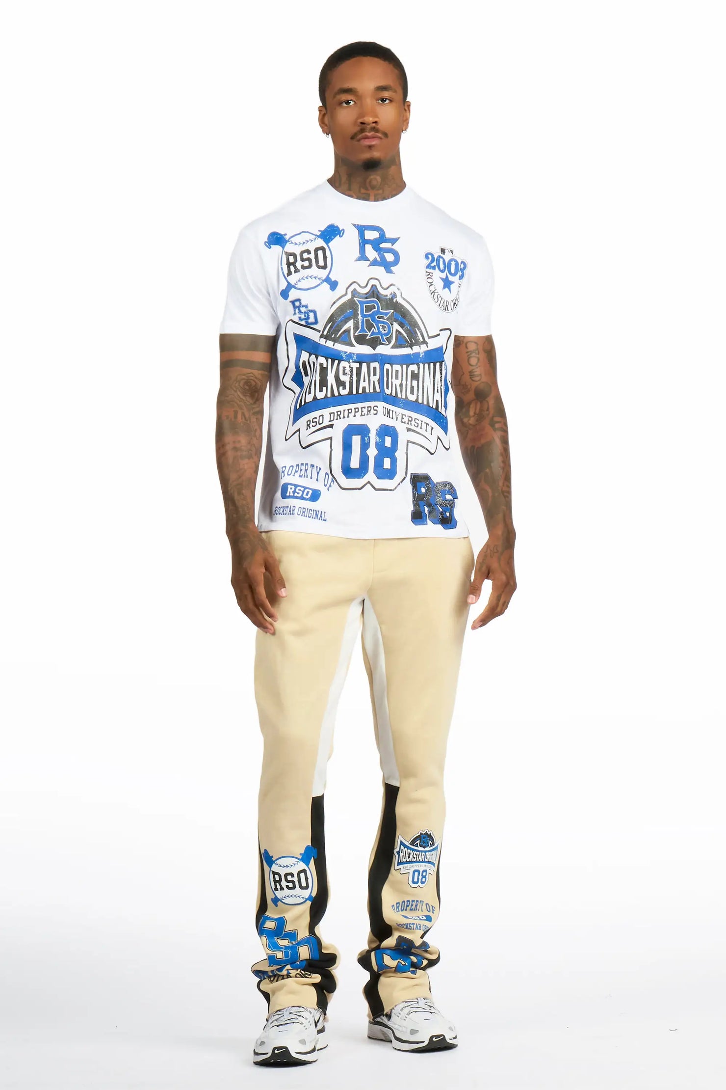 Mavrix White/Beige T-shirt/Stacked Flare Track Pant Set