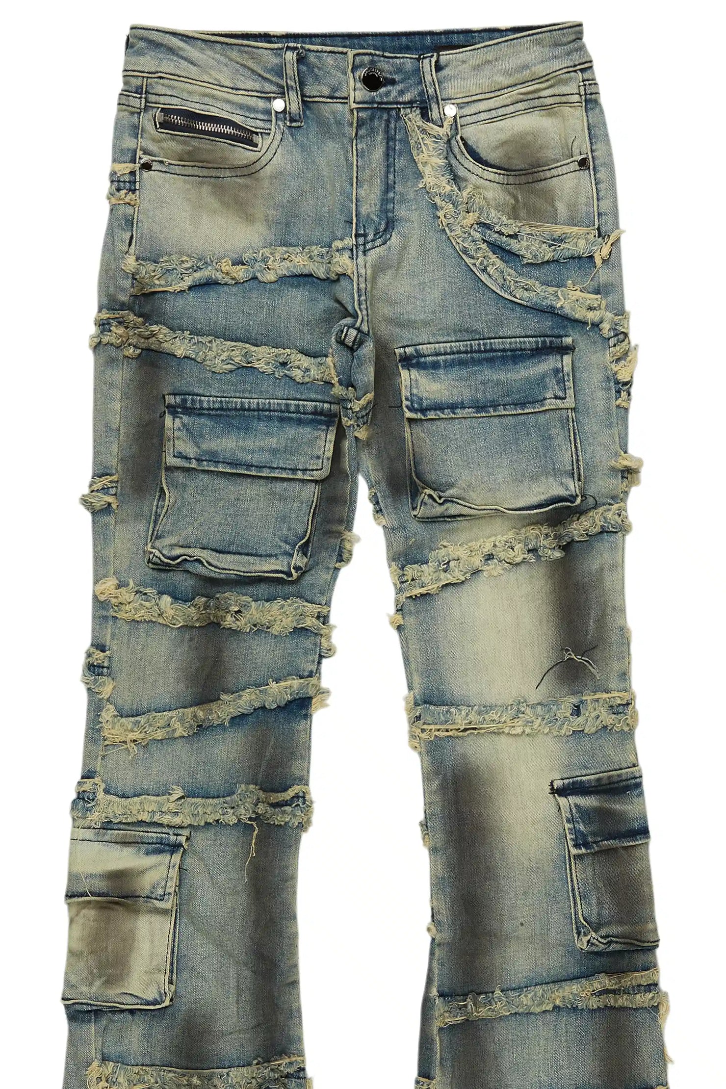 Boys Yves Blue Ripped Stacked Flare Cargo Jeans