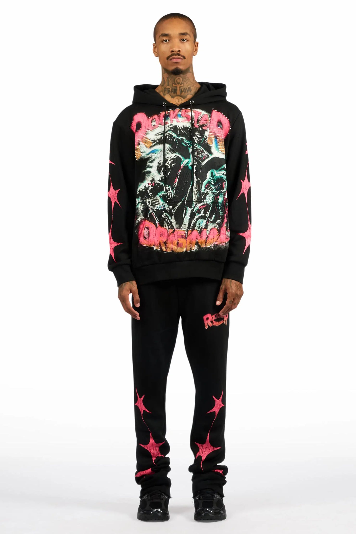 Trezno Black Hoodie/Stacked Pant Track Set