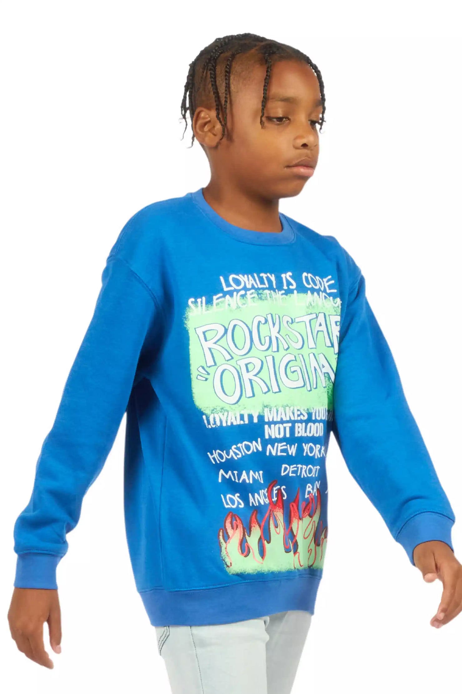 Boys Beno Royal Blue/Green Graphic Crewneck