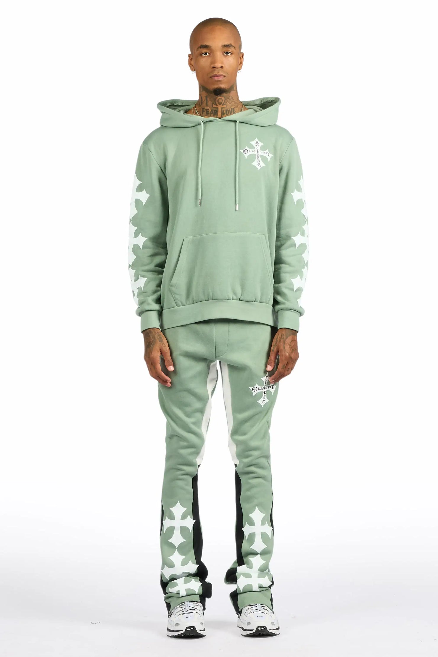 Slaydr Sage/White Hoodie/Stacked Flare Track Set