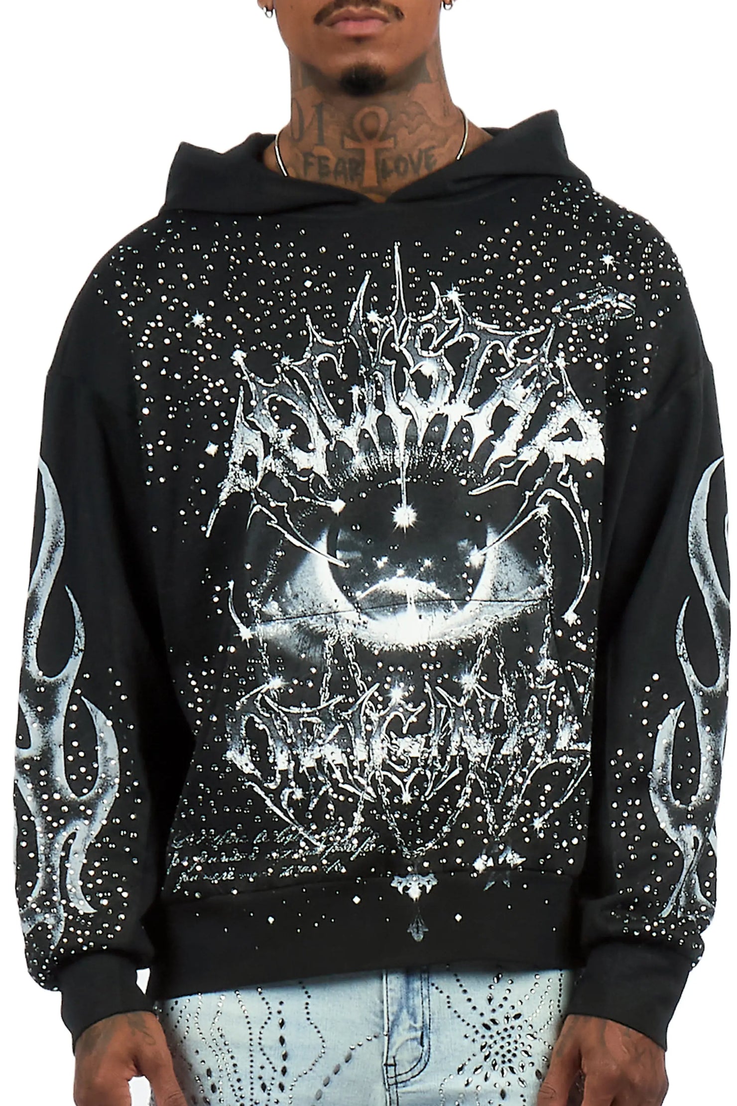 Malykz Black Rhinestone Graphic Hoodie