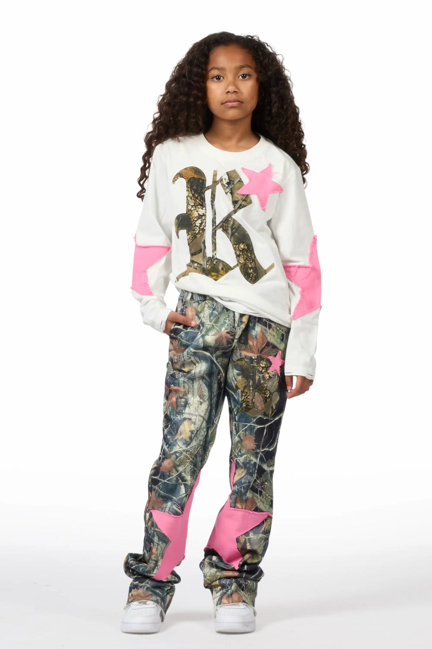 Girls Delgera White/Camo Long Sleeve T-Shirt Track Set