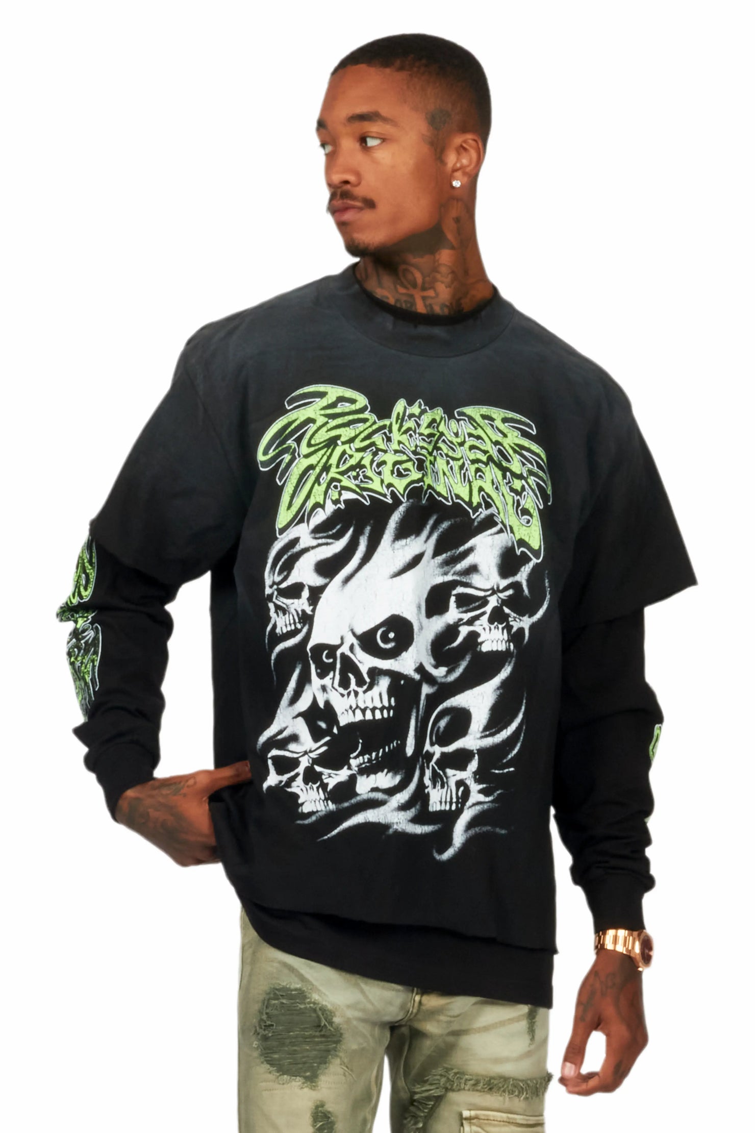 Schtupp Black Double Layer Long Sleeve Graphic T-Shirt
