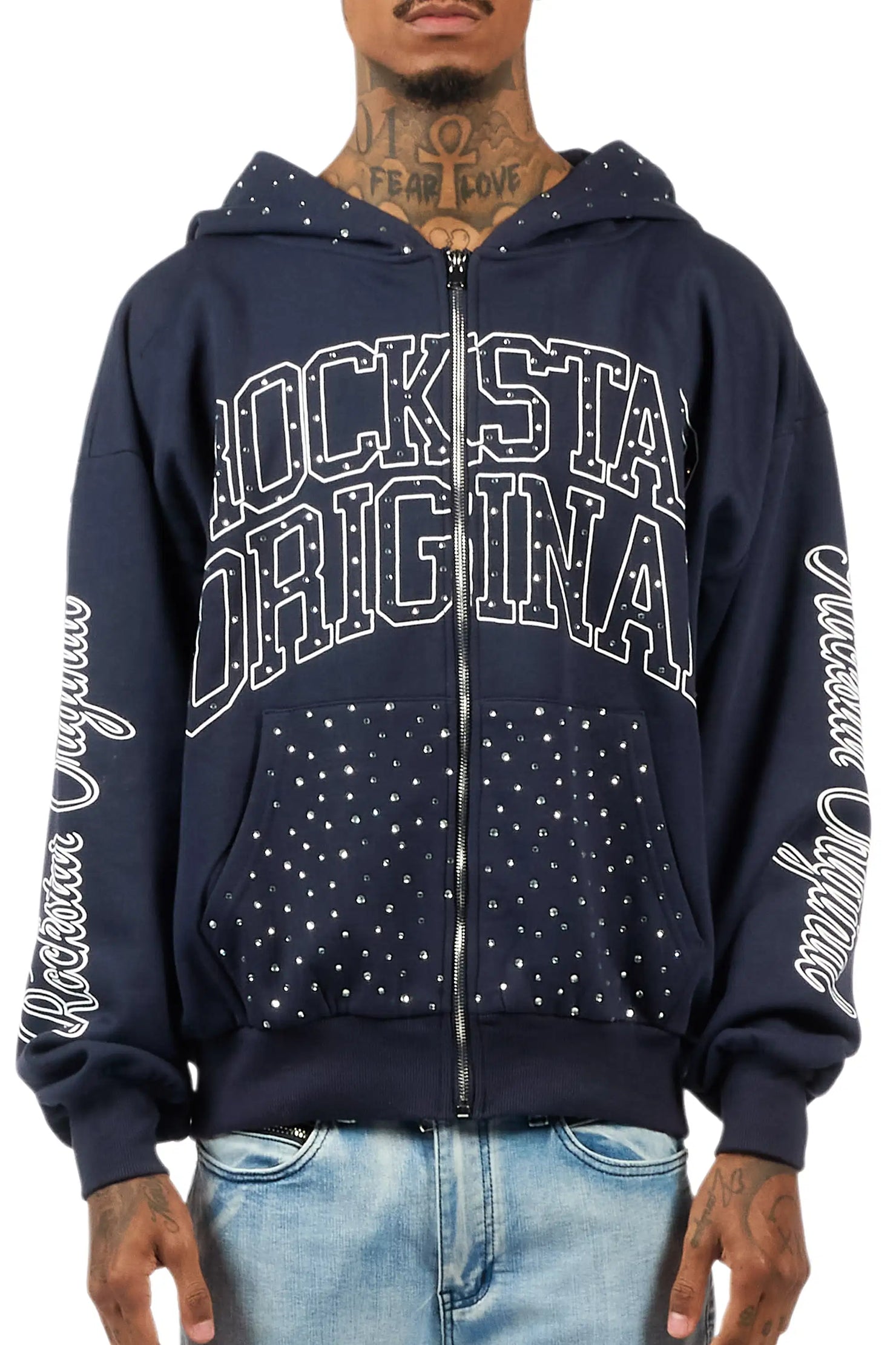 Dripped Navy Rhinestone Hoodie
