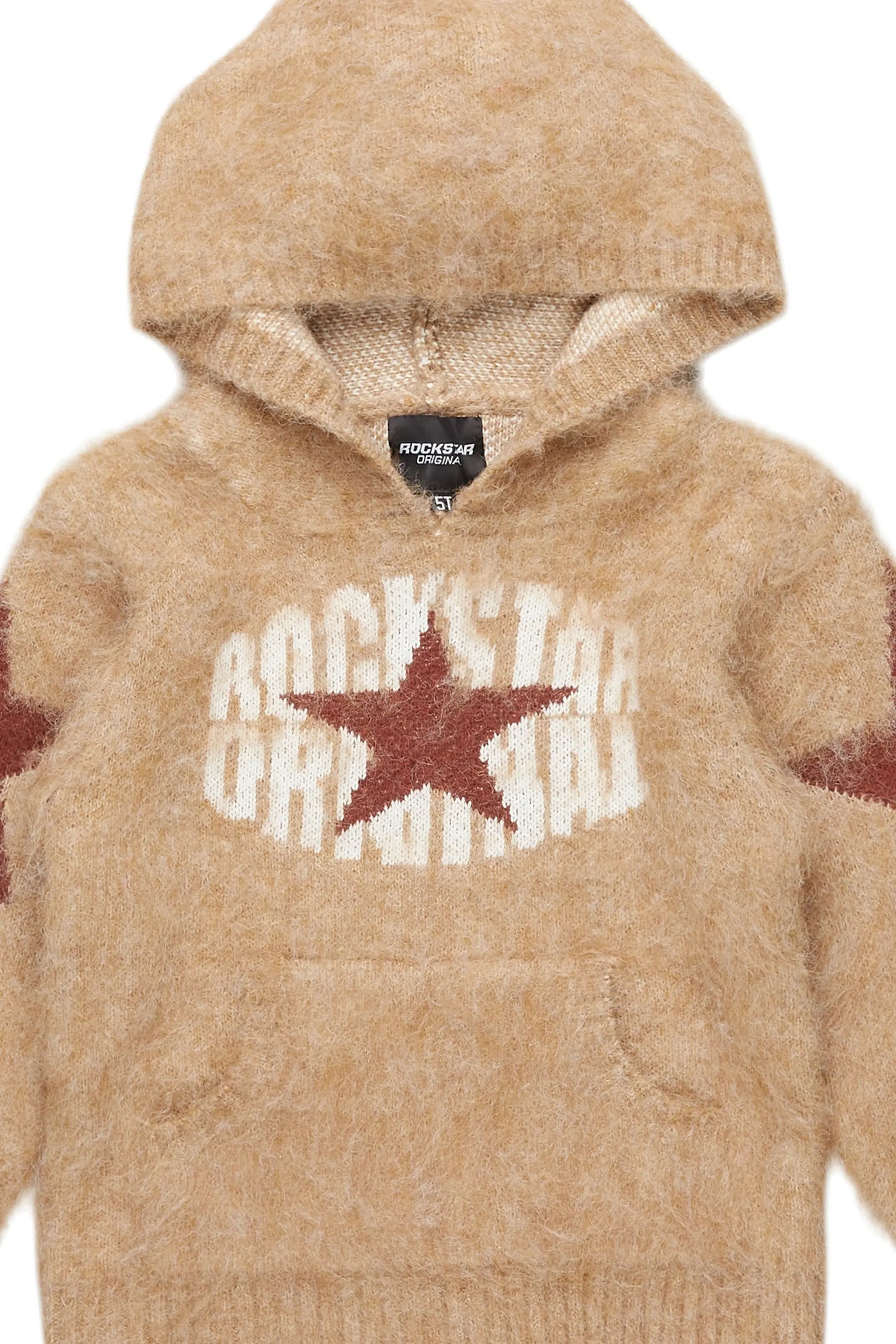 Girls States Brown Graphic Knitted Mohair Hoodies