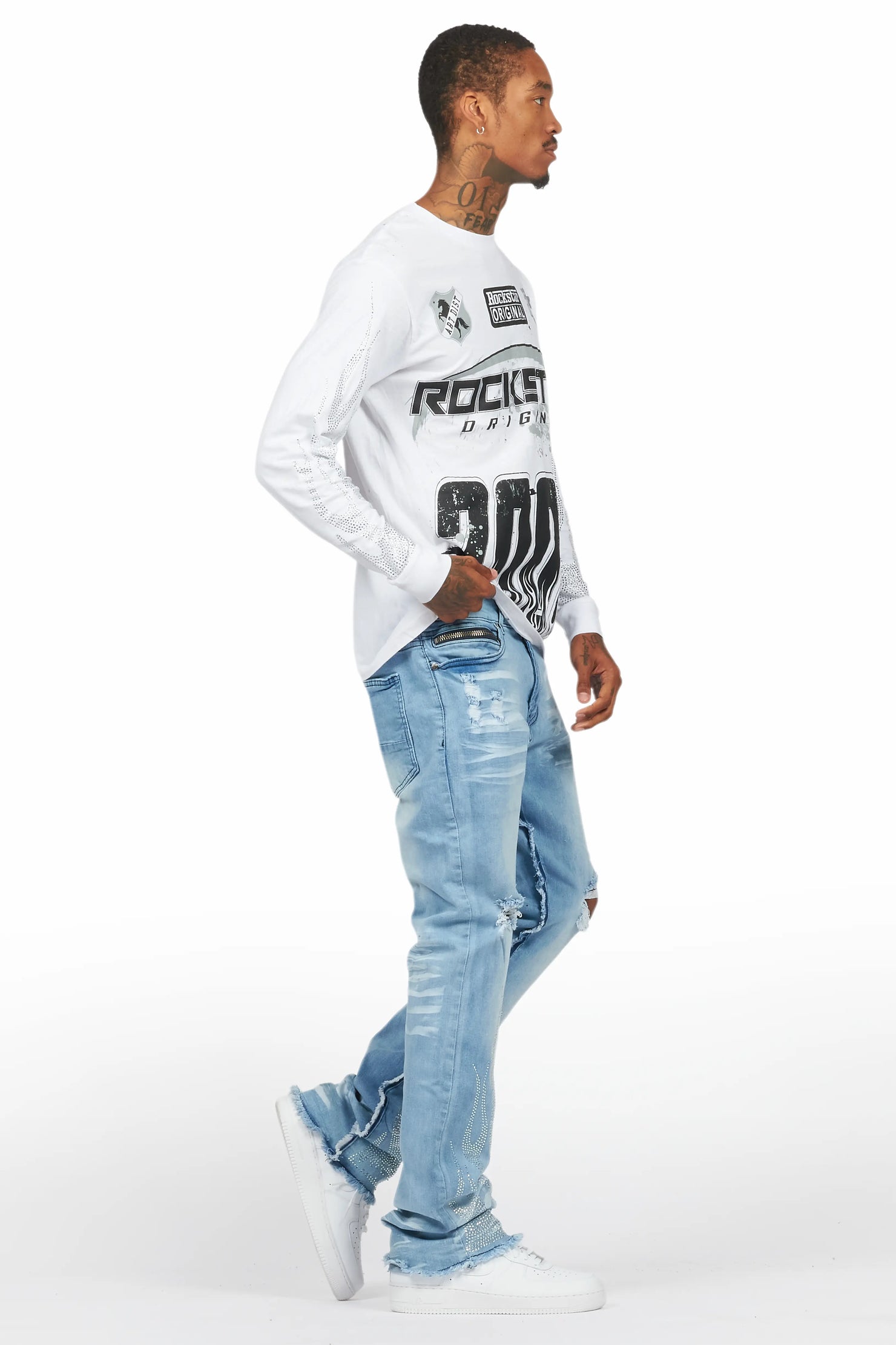 Amos White/Blue Rhinestone Long Sleeve T-Shirt/Stacked Flare Jean Set