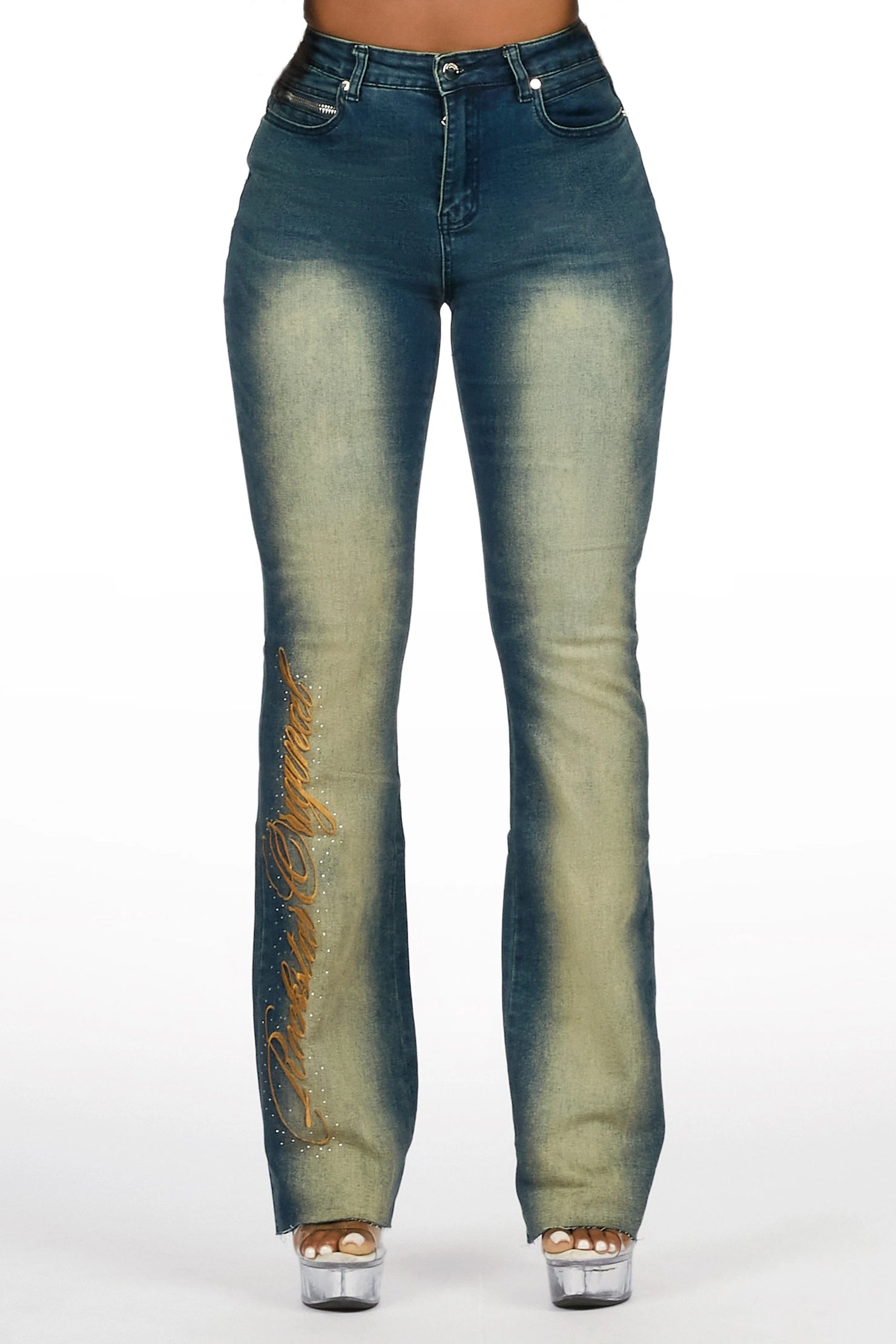 Calisa Tint Rhinestone Stacked Flare Jean