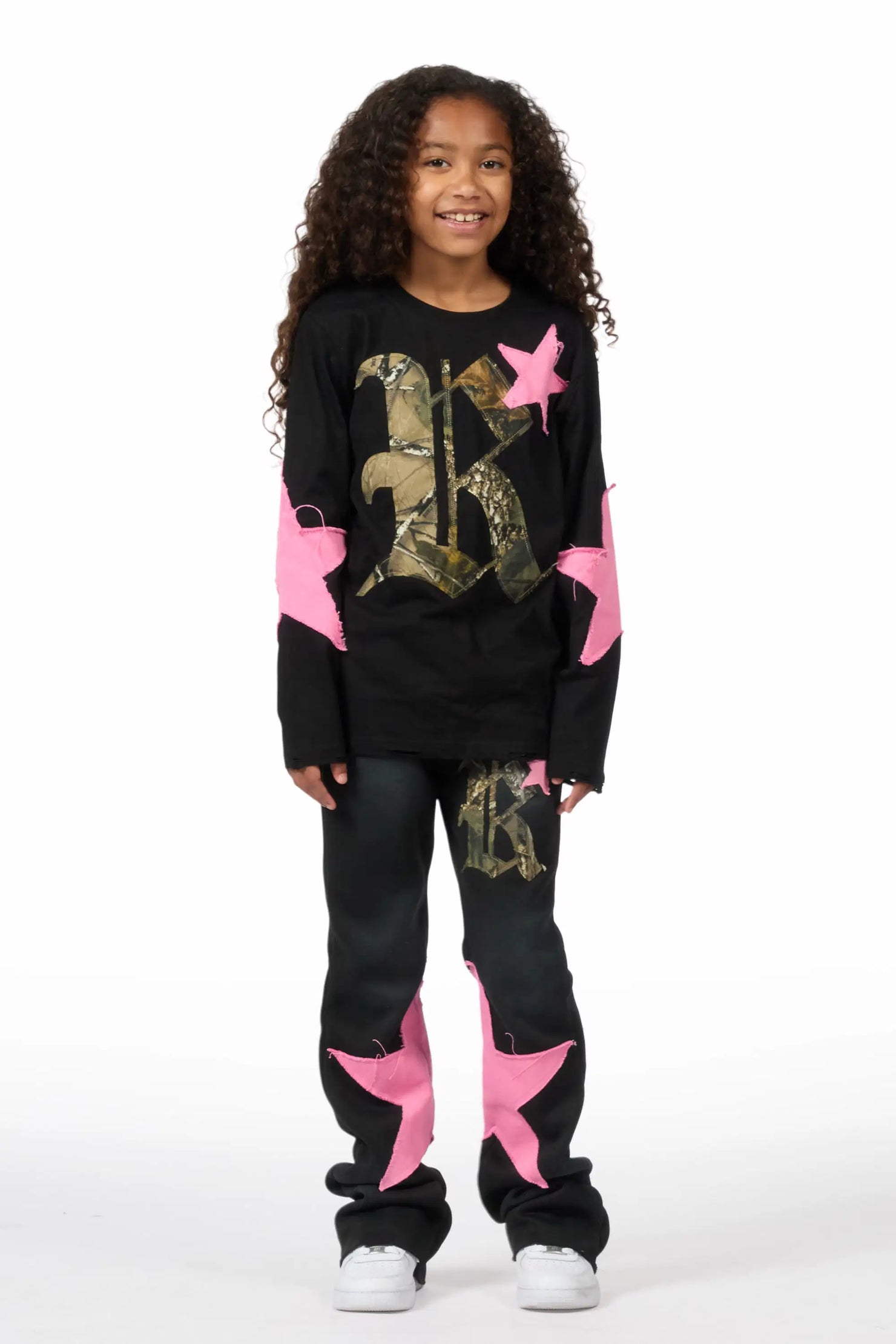 Girls Delgera Black/Pink Long Sleeve T-Shirt Track Set