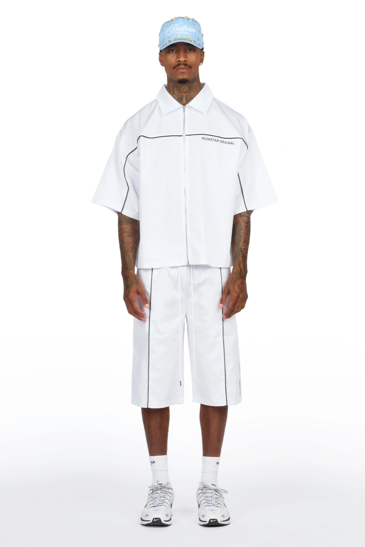 Izan White Zip Up Short Sleeve Twill Short Set