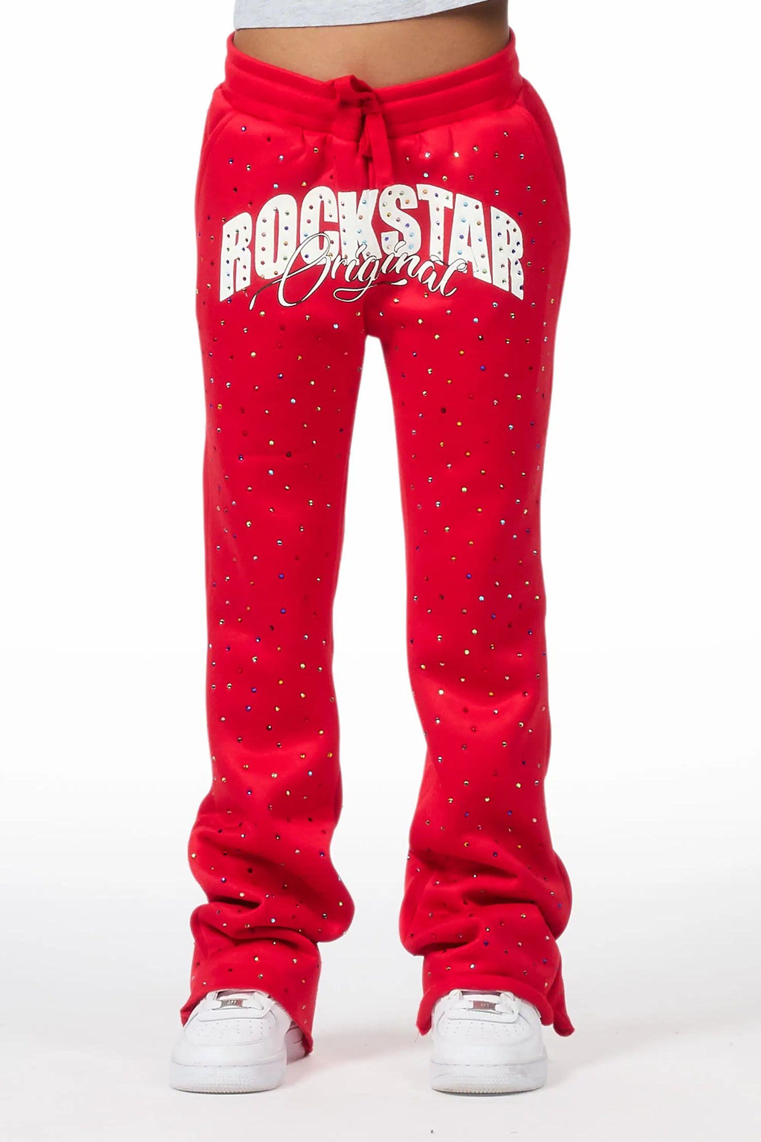 Girls Franchesca Red Rhinestone Stacked Track Pant
