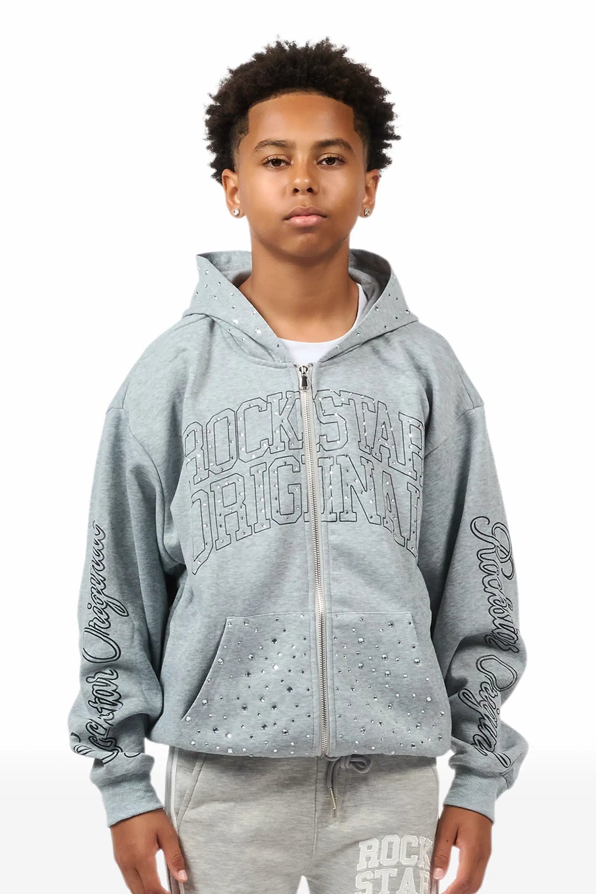 Boys Alvino Grey Rhinestone Zip Up Hoodie– Rockstar Original