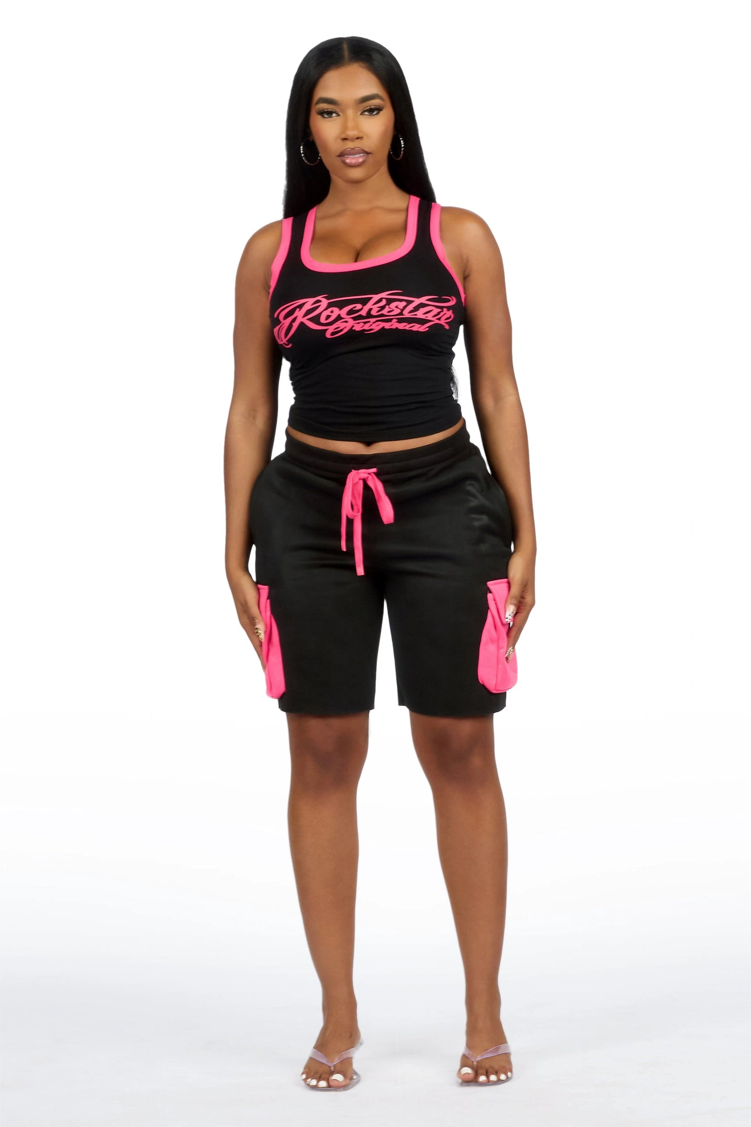 Charise Black/Pink Tank Cargo Short Set