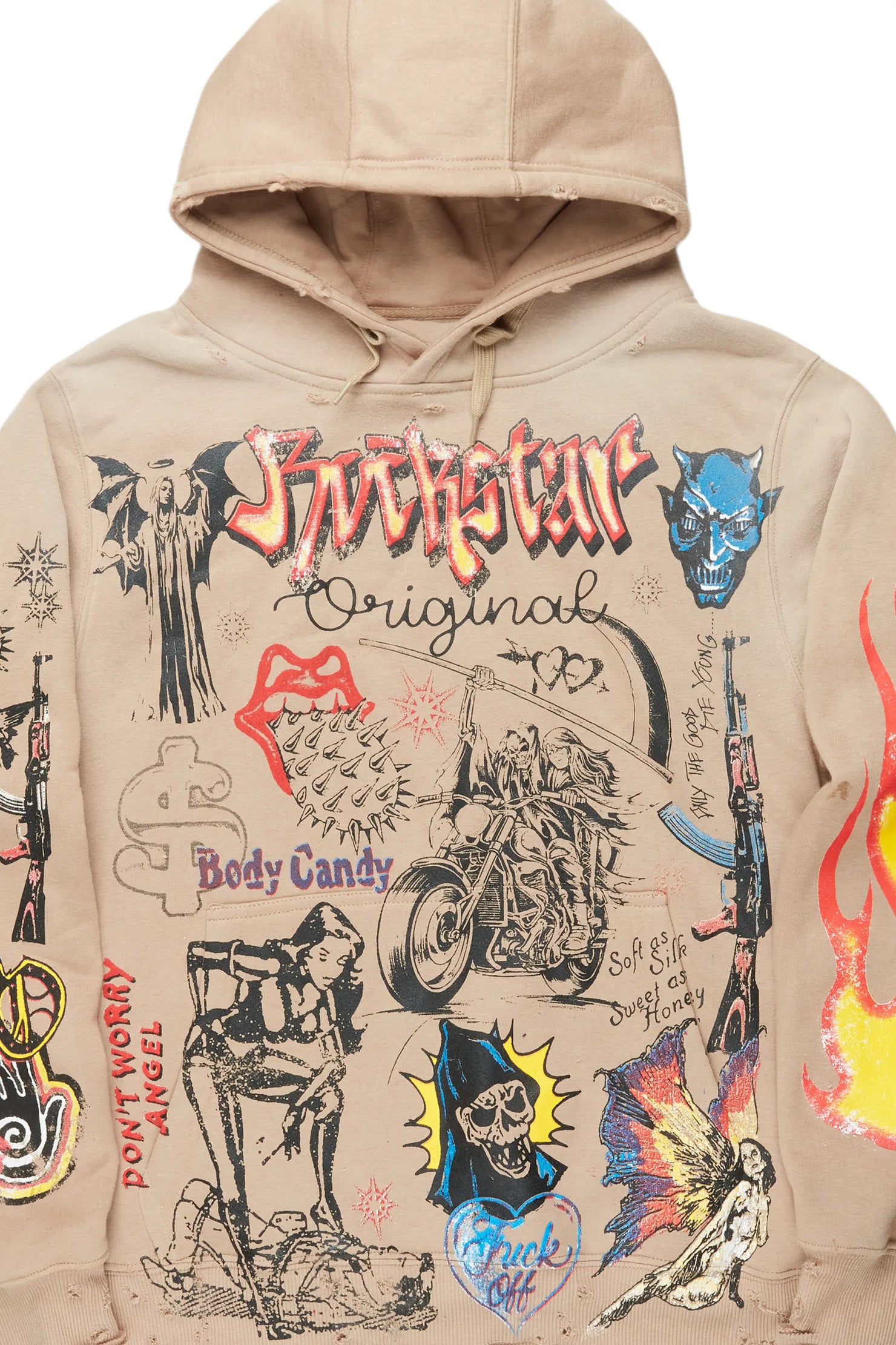 Shoota Beige Distressed Graphic Hoodie