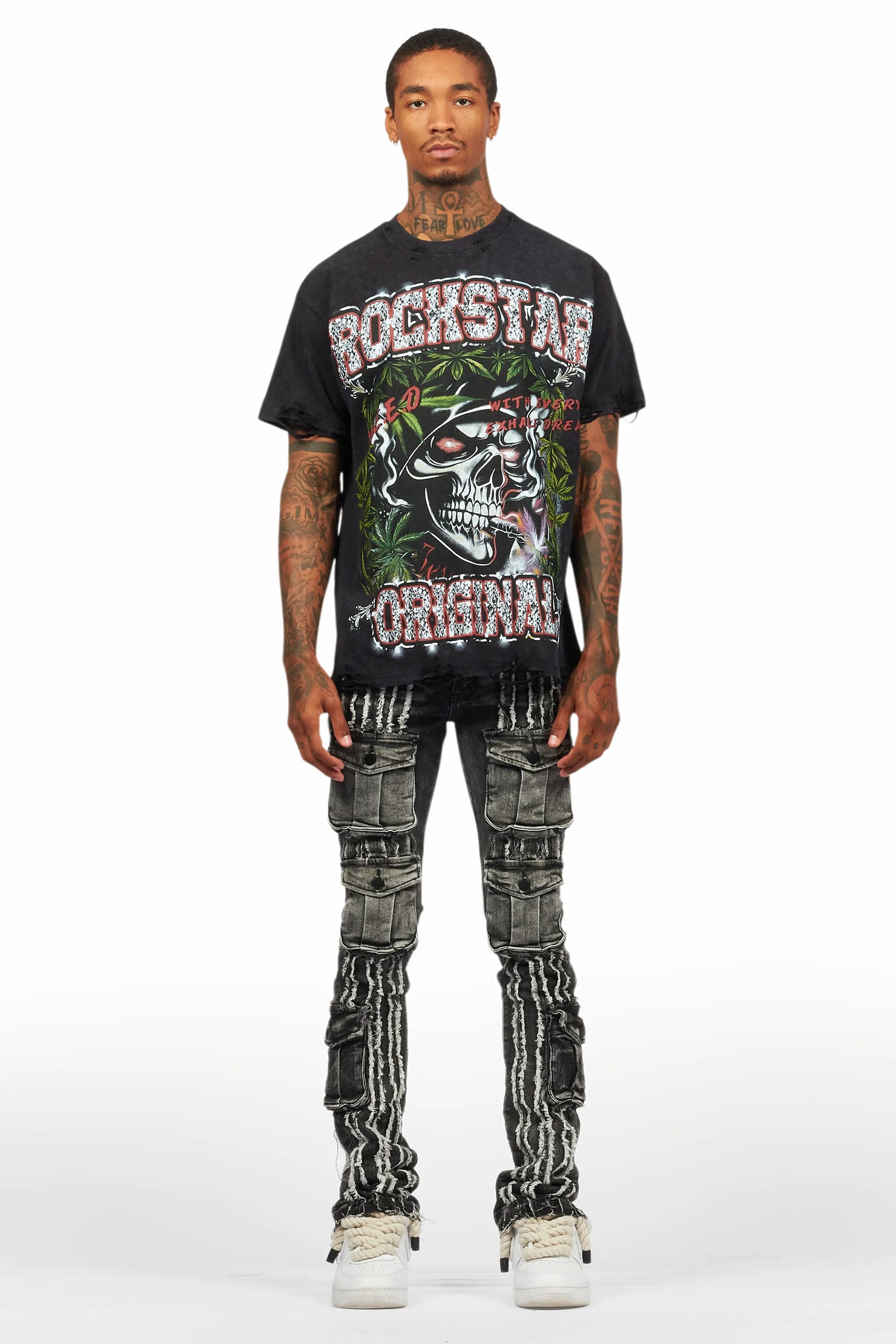 Frey Black Stacked Flare Jean