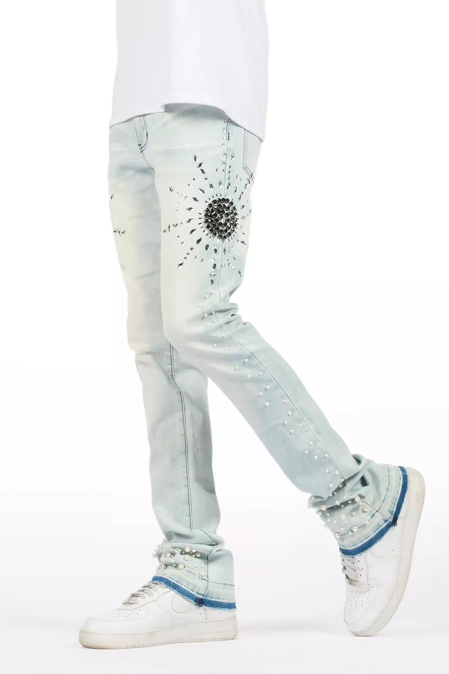 Tryst Light Blue Rhinestone Stacked Flare Jean