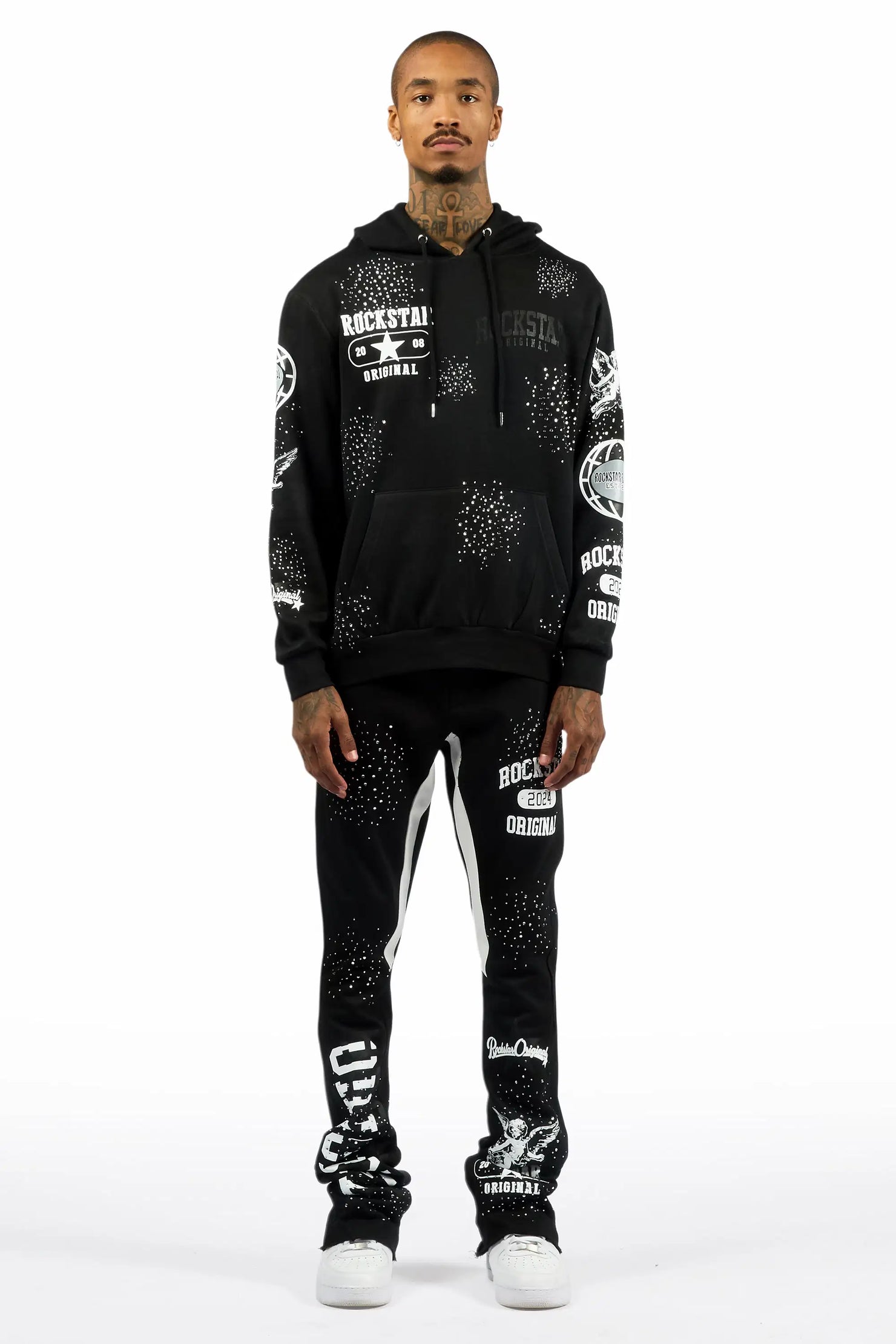 Gutta 2.0 Black Rhinestone Hoodie/Stacked Flare Track Set