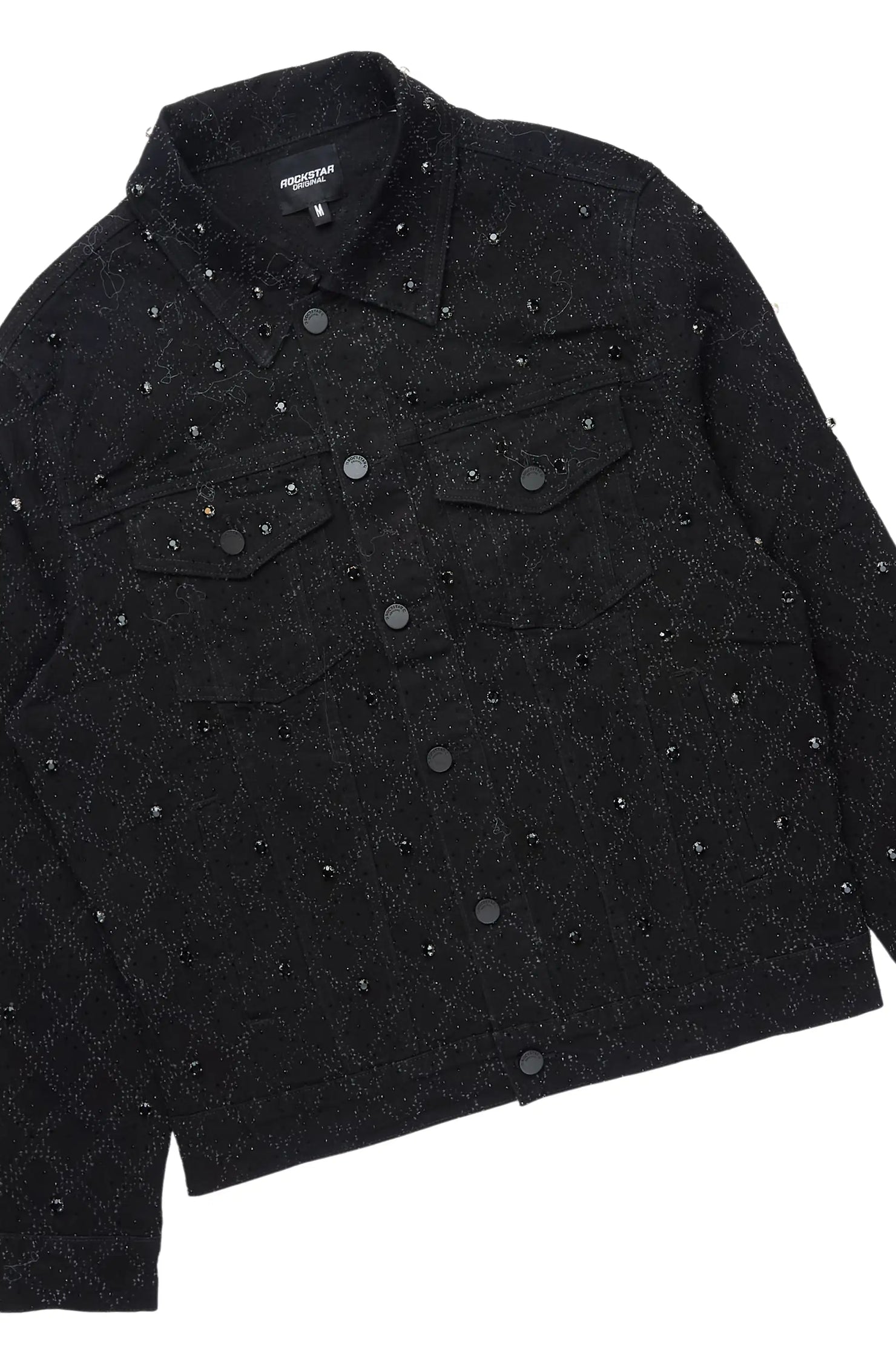 Glit Jet Black Rhinestone Denim Jacket/Stacked Flare Jean Set