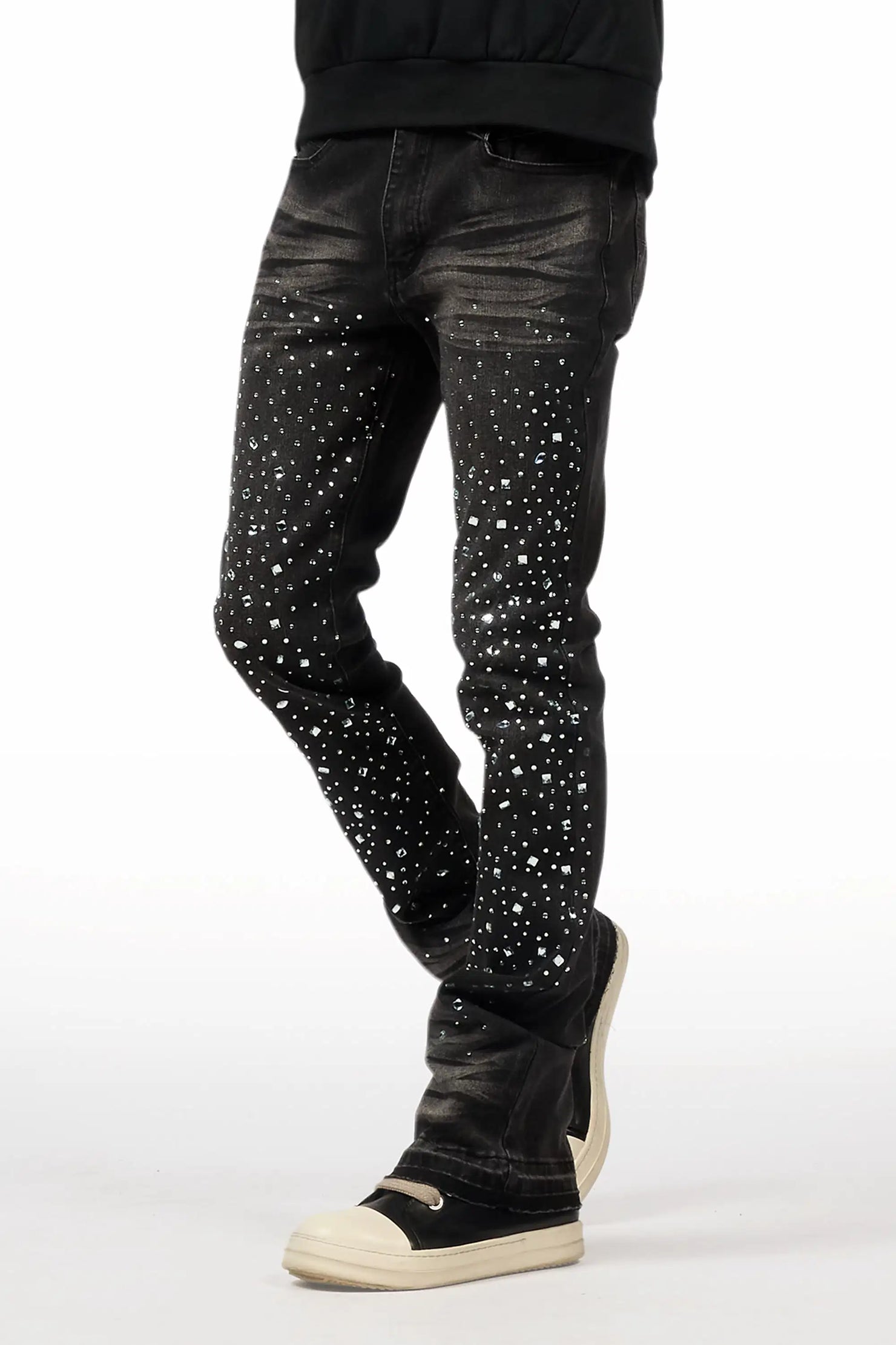 Twinkle Dark Grey Rhinestone Stacked Flare Jean