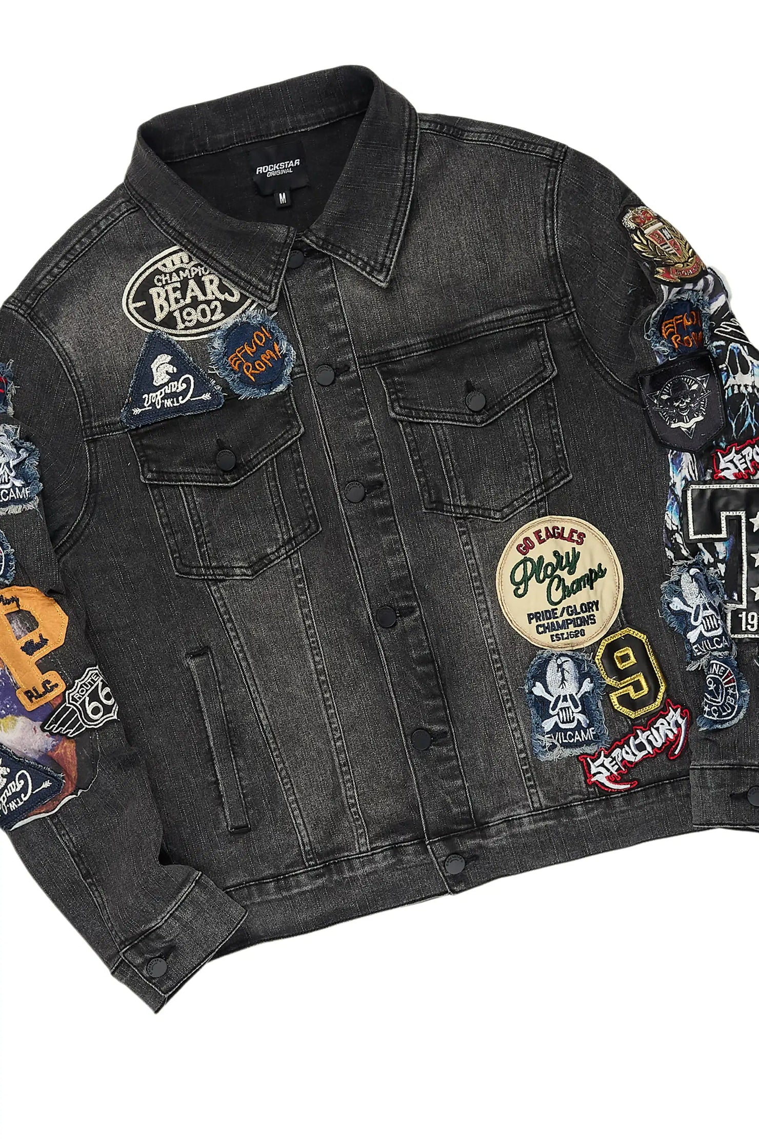 Espan Dark Grey Denim Jacket/Stacked Flare Jean Set