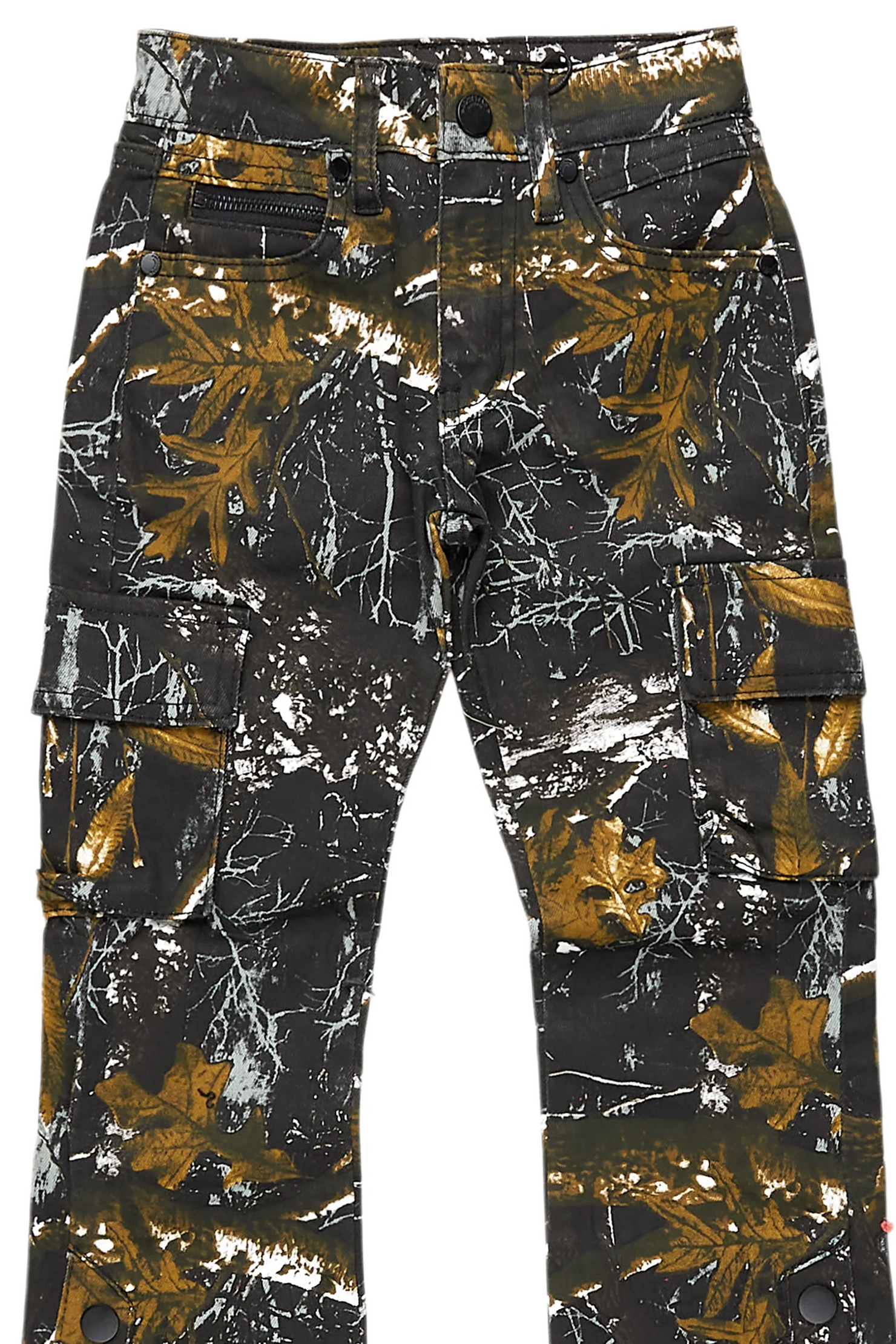 Boys Waage Black Tree Camo Stacked Flare Cargo Jean