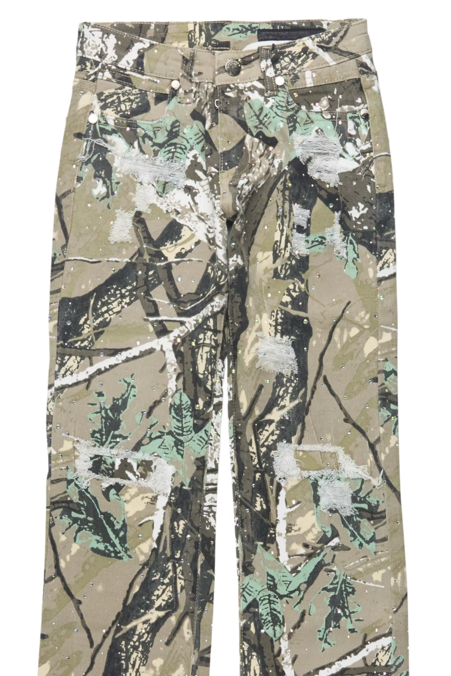 Girls Kelle Tree Camo Rhinestone Stacked Jean