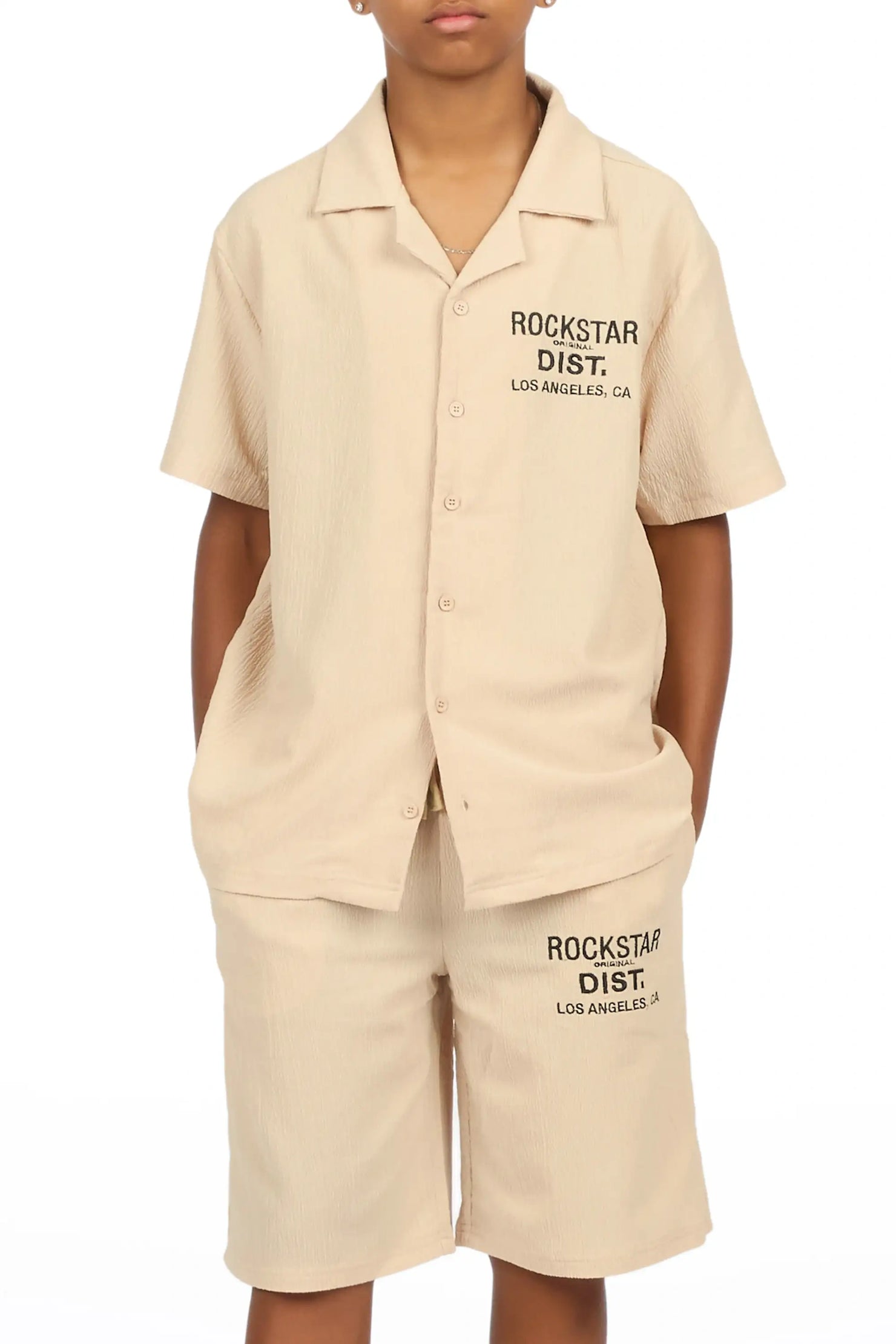 Boys Kason Beige Button Down Shirt/Short Set