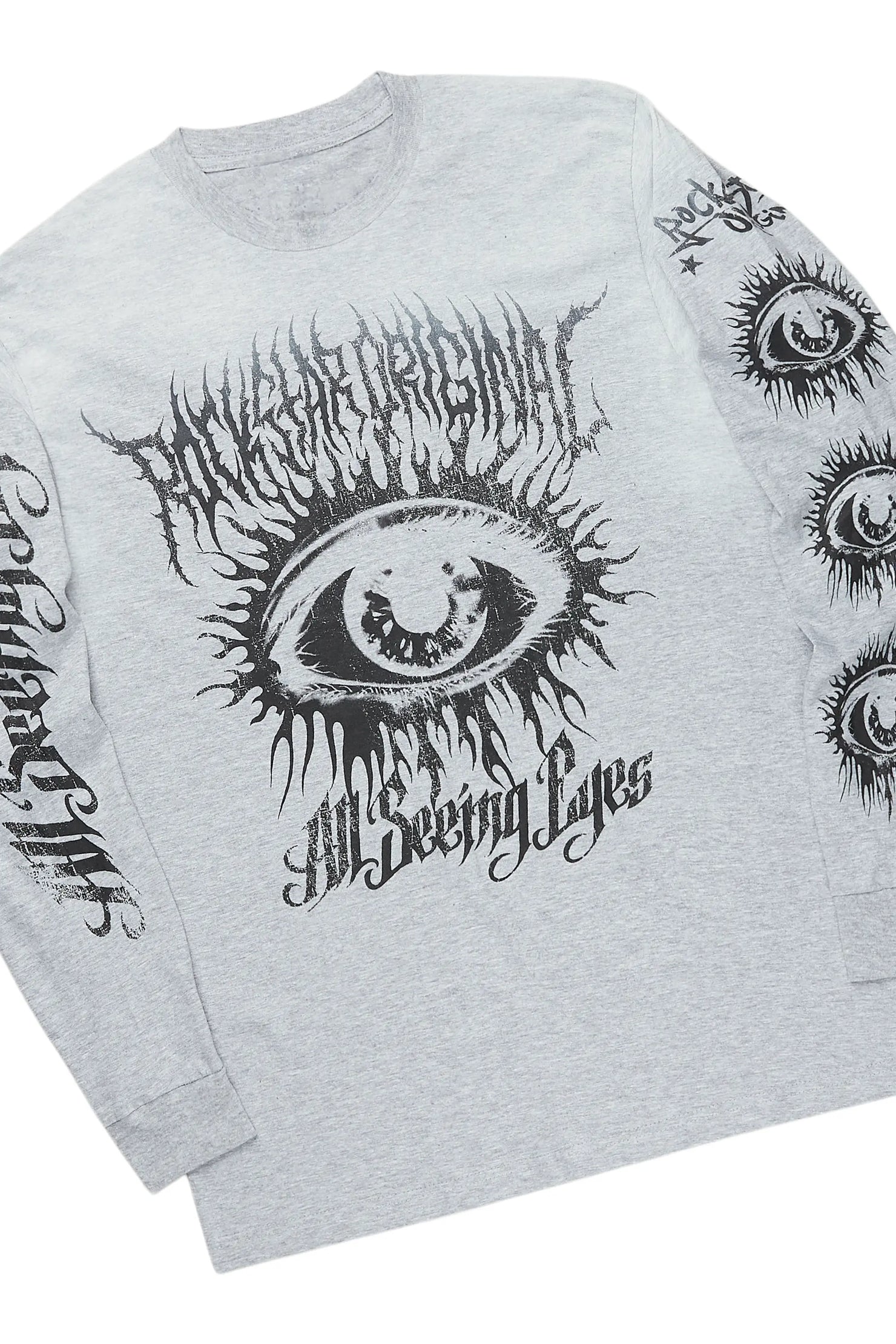 All Seeing Eyes Grey Long Sleeve T-Shirt/Stacked Flare Cargo Jean Bundle