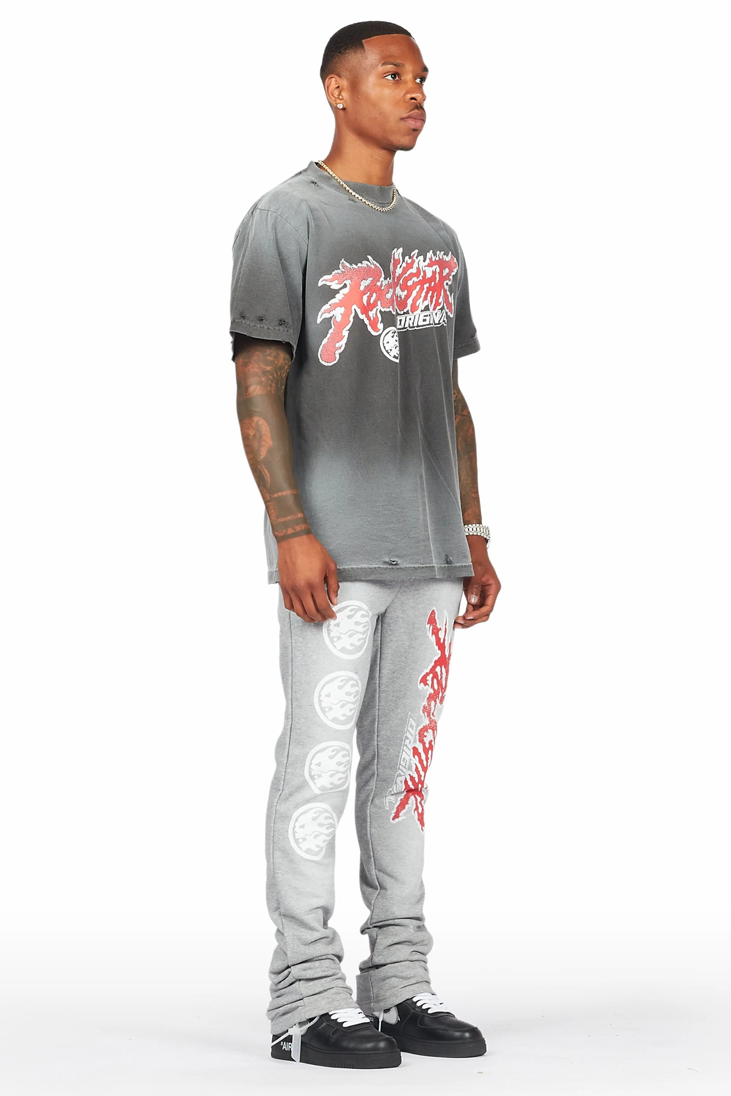 Yash Charcoal Grey Oversized T-Shirt/Stacked Flare Track Pant Set
