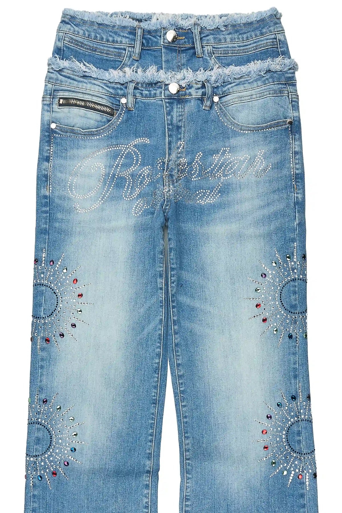 Silo Blue Rhinestone Double Waisted Baggy Fit Jean