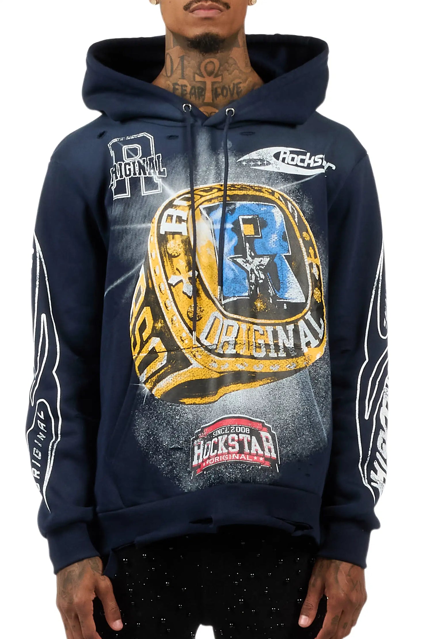 Gemchamp Navy Distressed Graphic Relaxed Hoodie