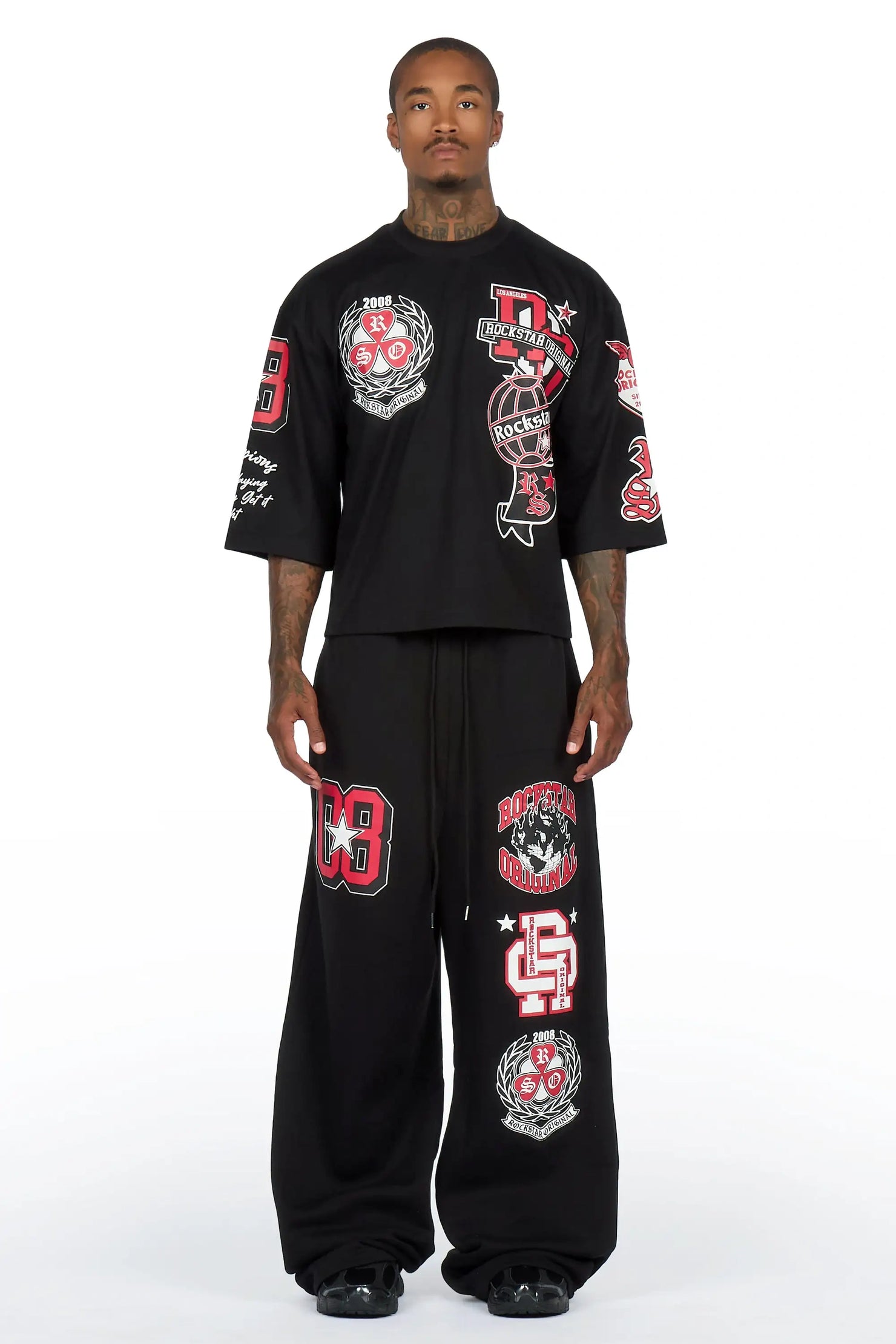 Gallant Black 3/4 Crop Boxy Tee/ Fleece Baggy Pant Track Set