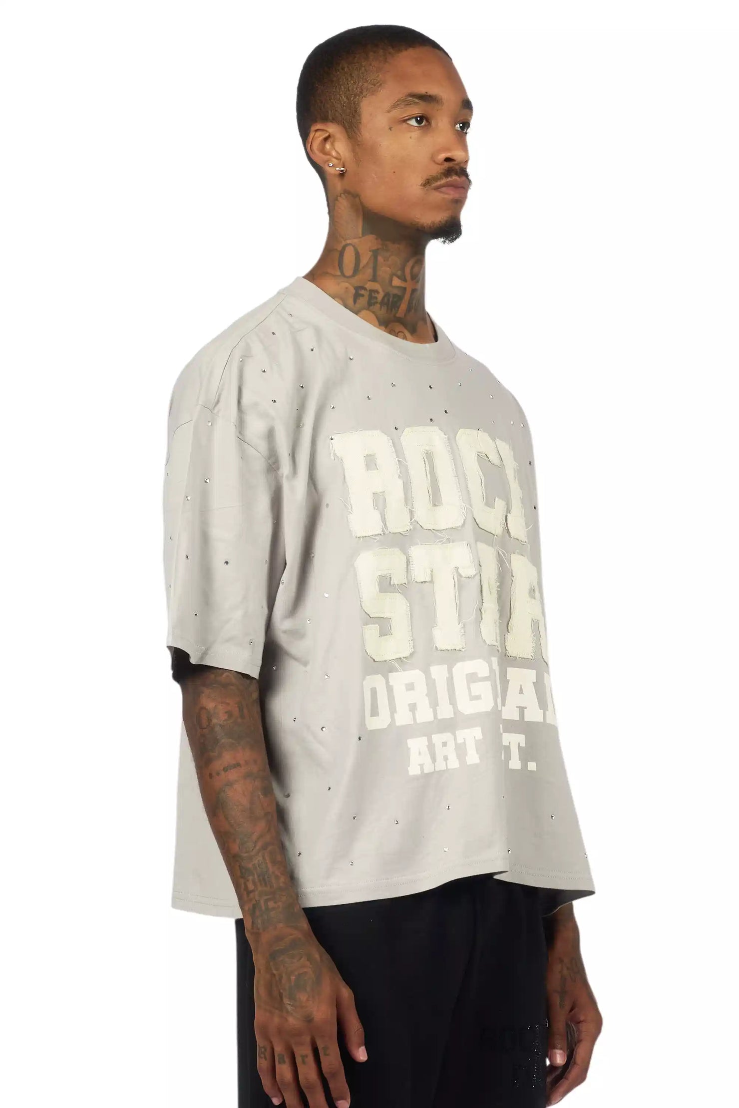 Yulian Grey Boxy Crop Rhinestone T-Shirt