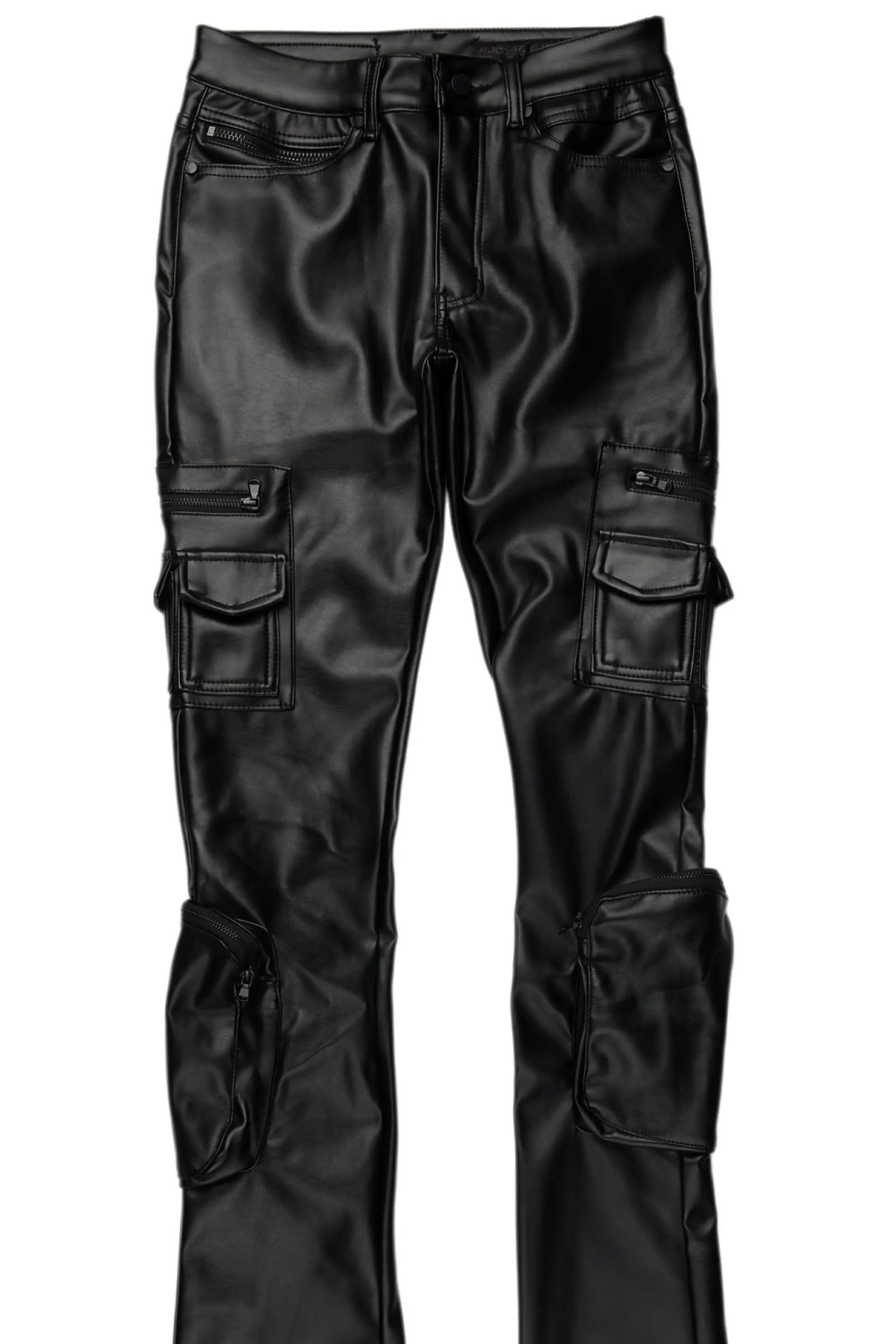 Sutton Jet Black PU Super Stacked Flare Jean