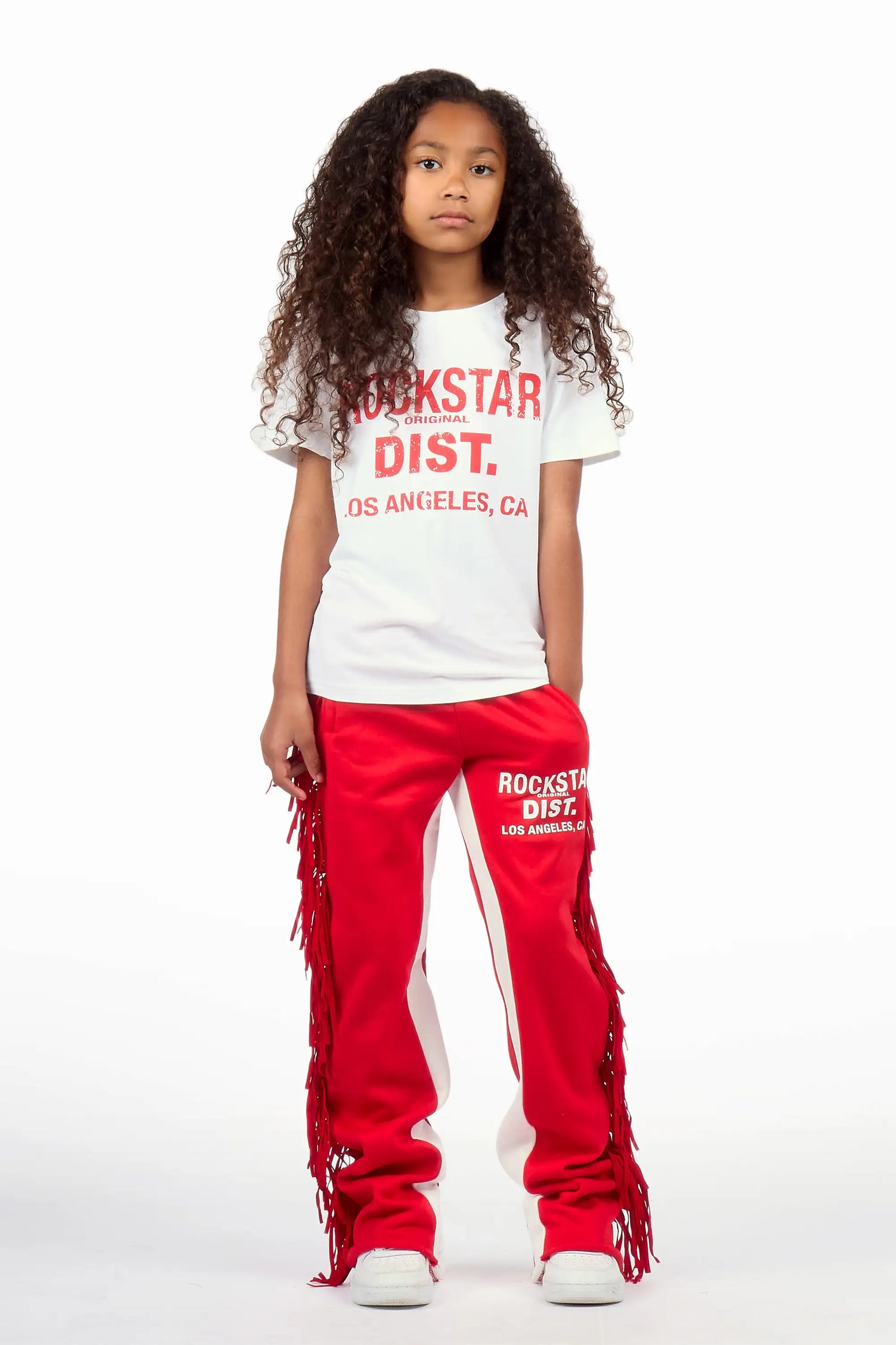 Girls Jannyk White/Red T-Shirt/Fringe Stacked Pant Set